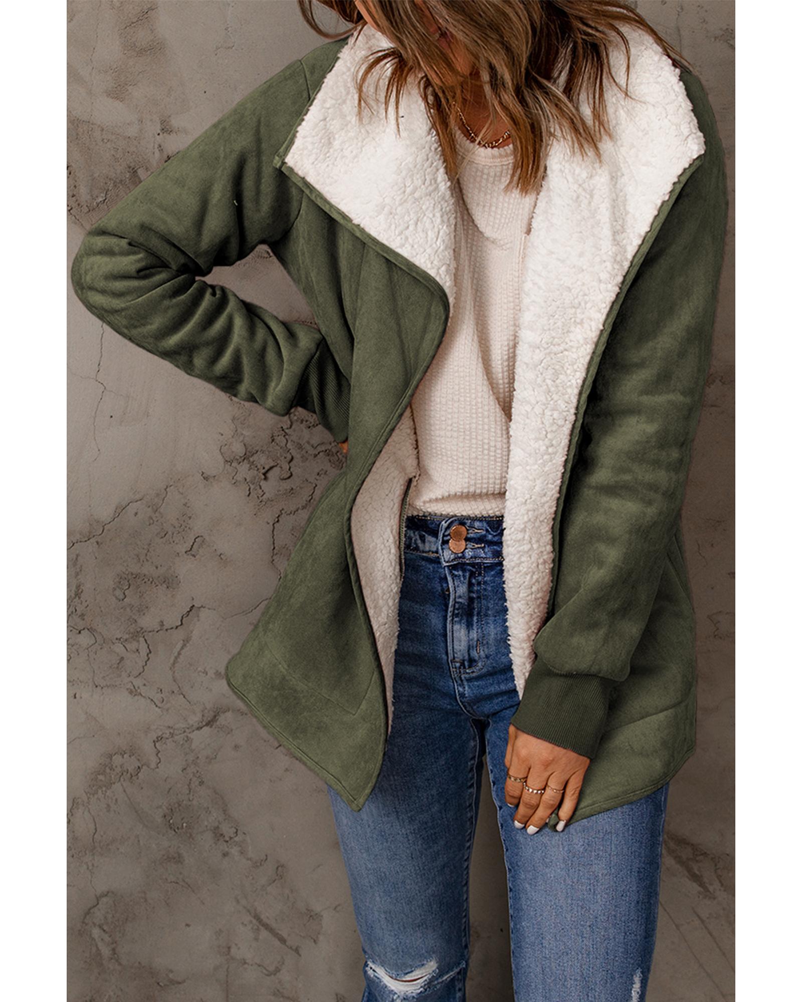 Green Faux Suede Fleece Lined Open Front Jacket - M