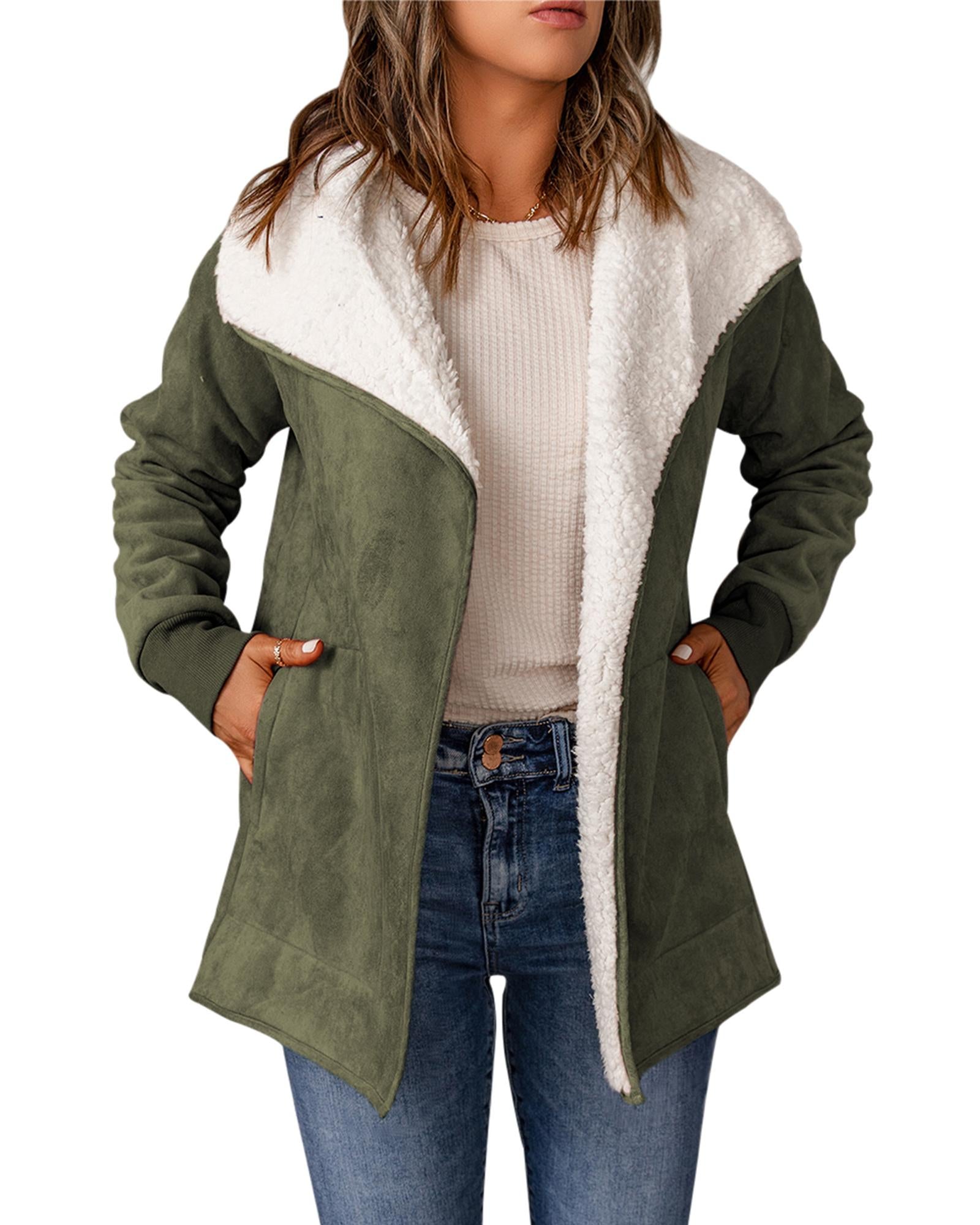 Green Faux Suede Fleece Lined Open Front Jacket - M