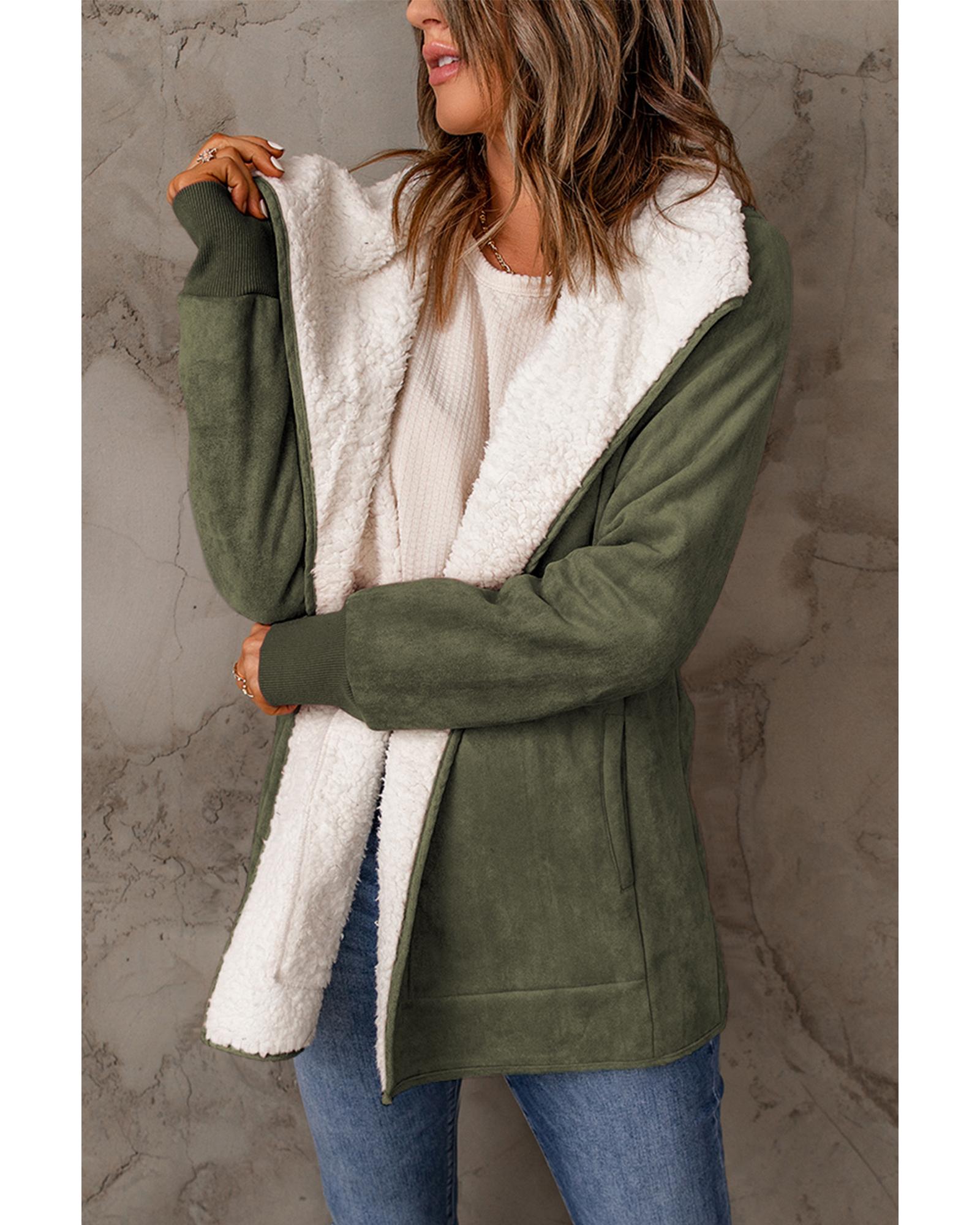 Green Faux Suede Fleece Lined Open Front Jacket - M