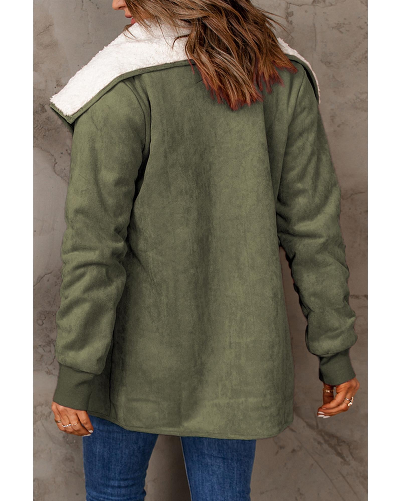 Green Faux Suede Fleece Lined Open Front Jacket - M