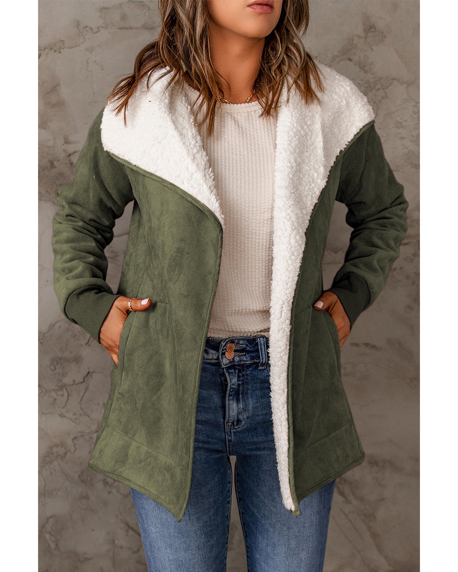 Green Faux Suede Fleece Lined Open Front Jacket - M