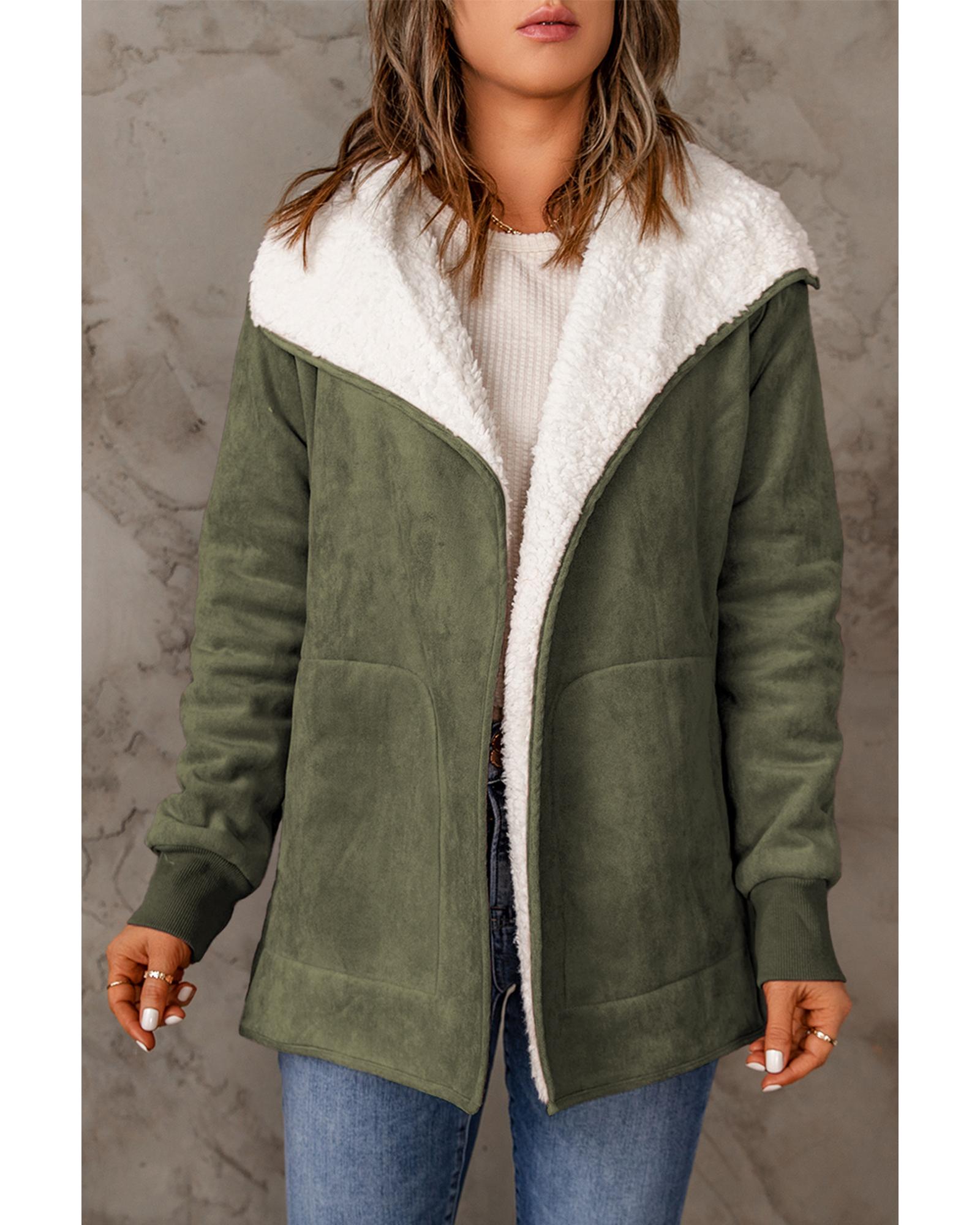 Green Faux Suede Fleece Lined Open Front Jacket - S