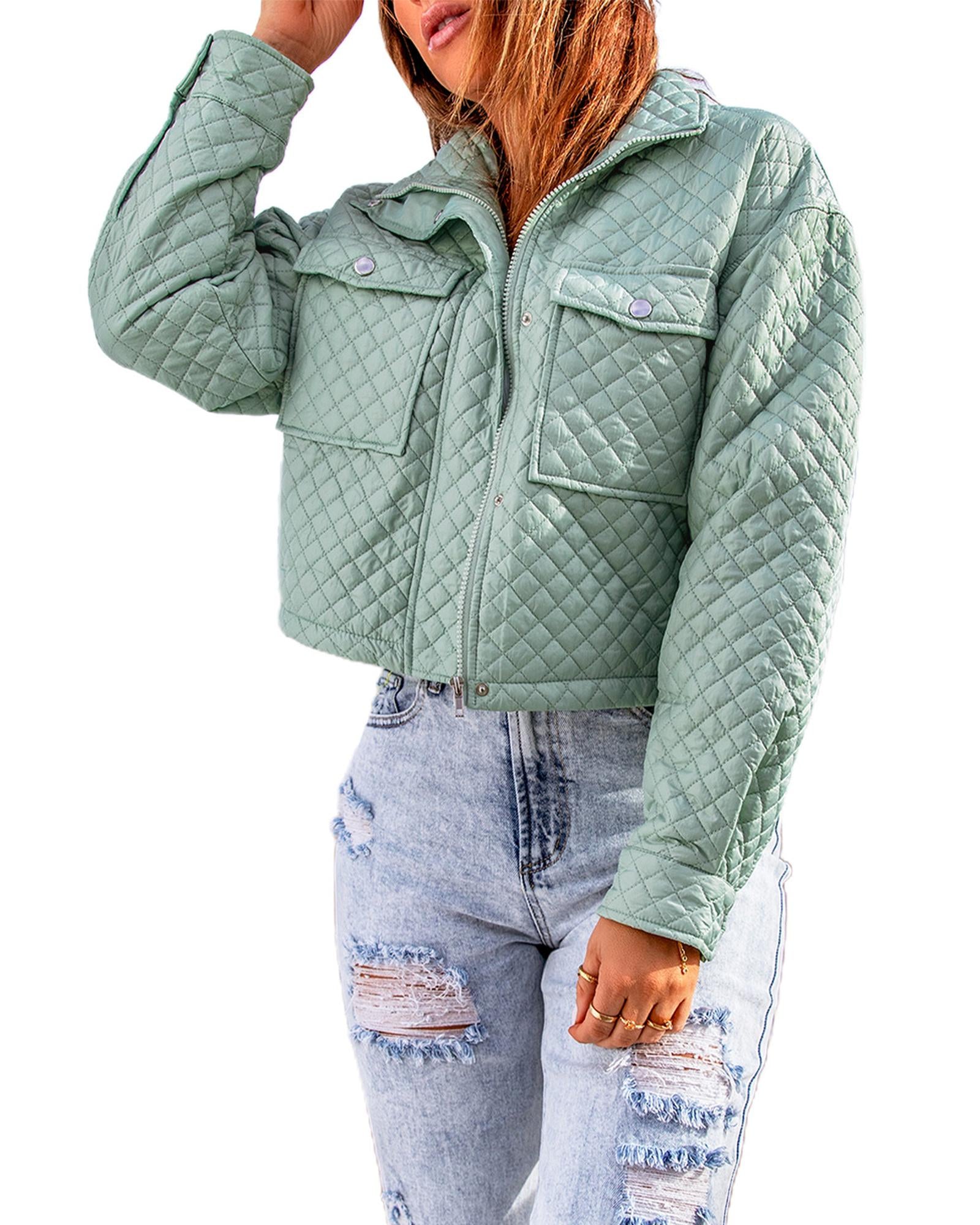 Green Quilted Pocketed Zip-up Cropped Jacket - 2XL