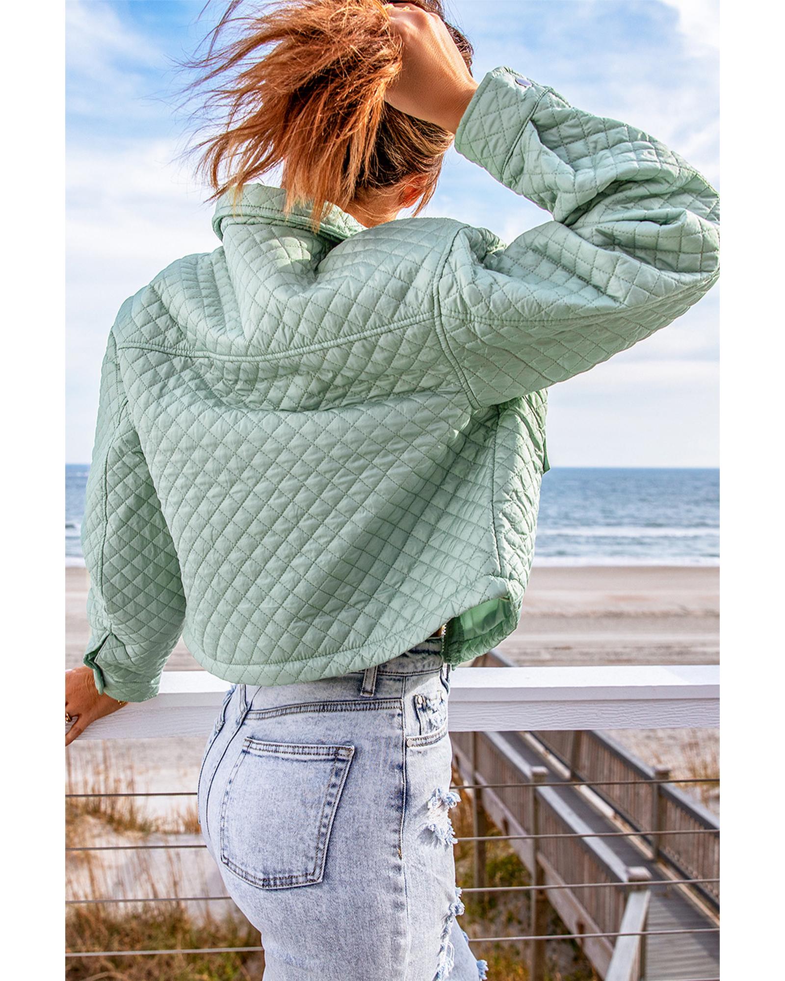 Green Quilted Pocketed Zip-up Cropped Jacket - M