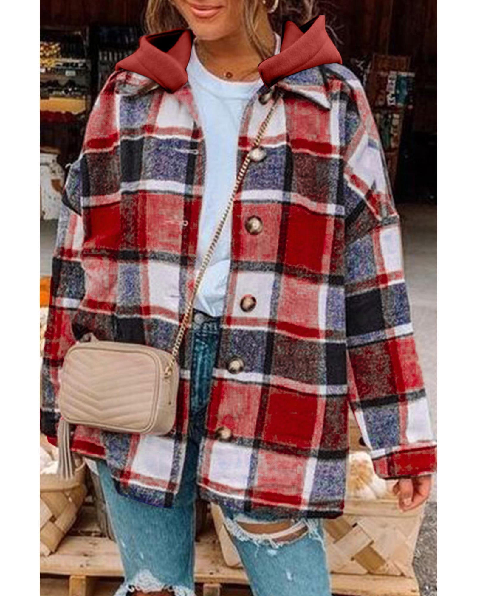 Azura Exchange Red Hooded Plaid Button Front Shacket - M