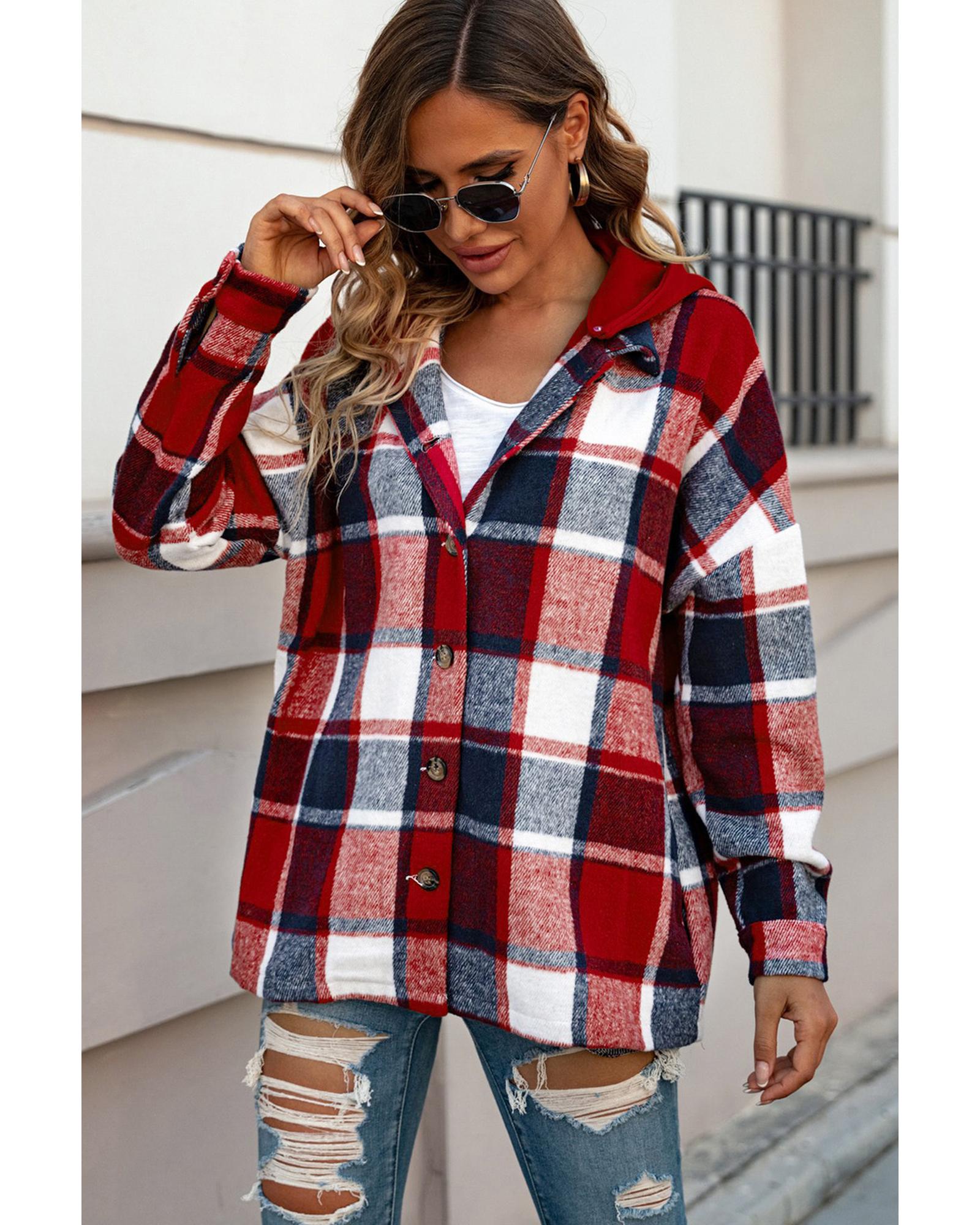 Azura Exchange Red Hooded Plaid Button Front Shacket - XL