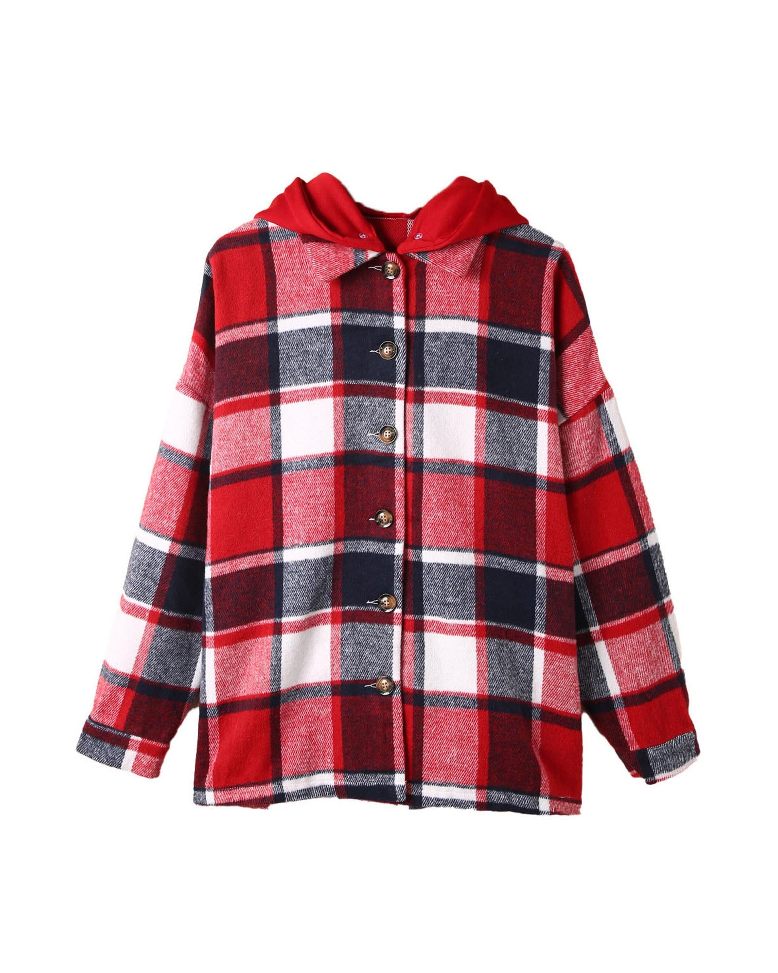 Azura Exchange Red Hooded Plaid Button Front Shacket - XL