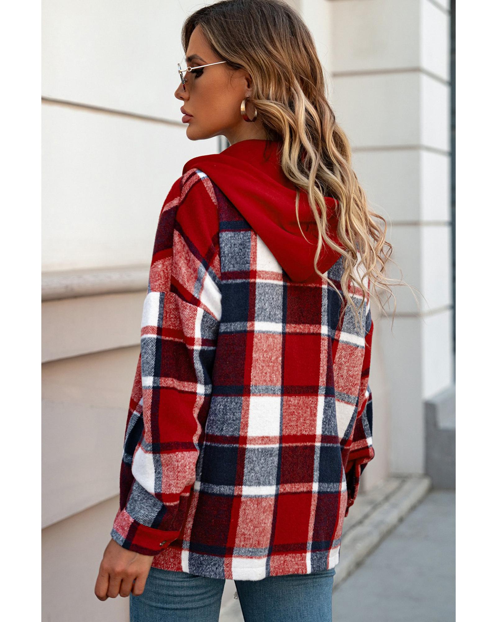 Azura Exchange Red Hooded Plaid Button Front Shacket - XL