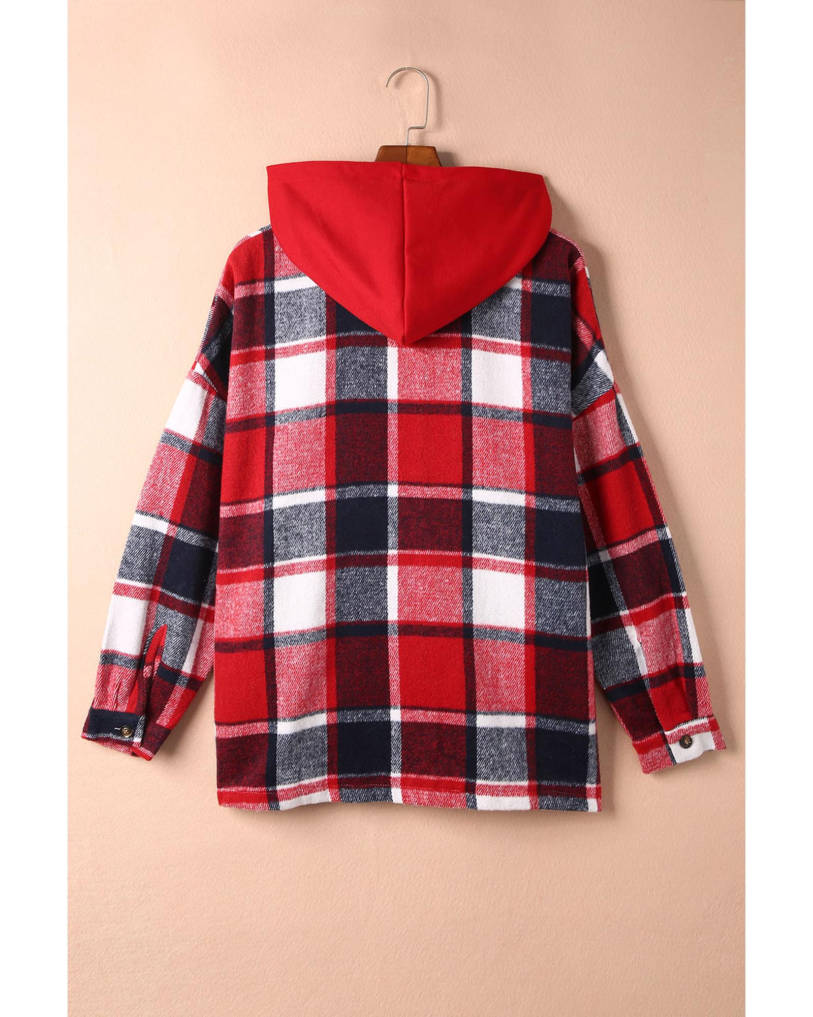 Azura Exchange Red Hooded Plaid Button Front Shacket - XL