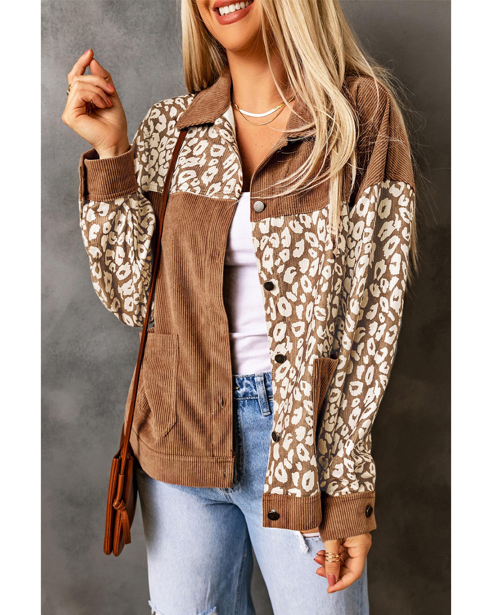 Brown Leopard Print Corduroy Long Sleeve Jacket - S