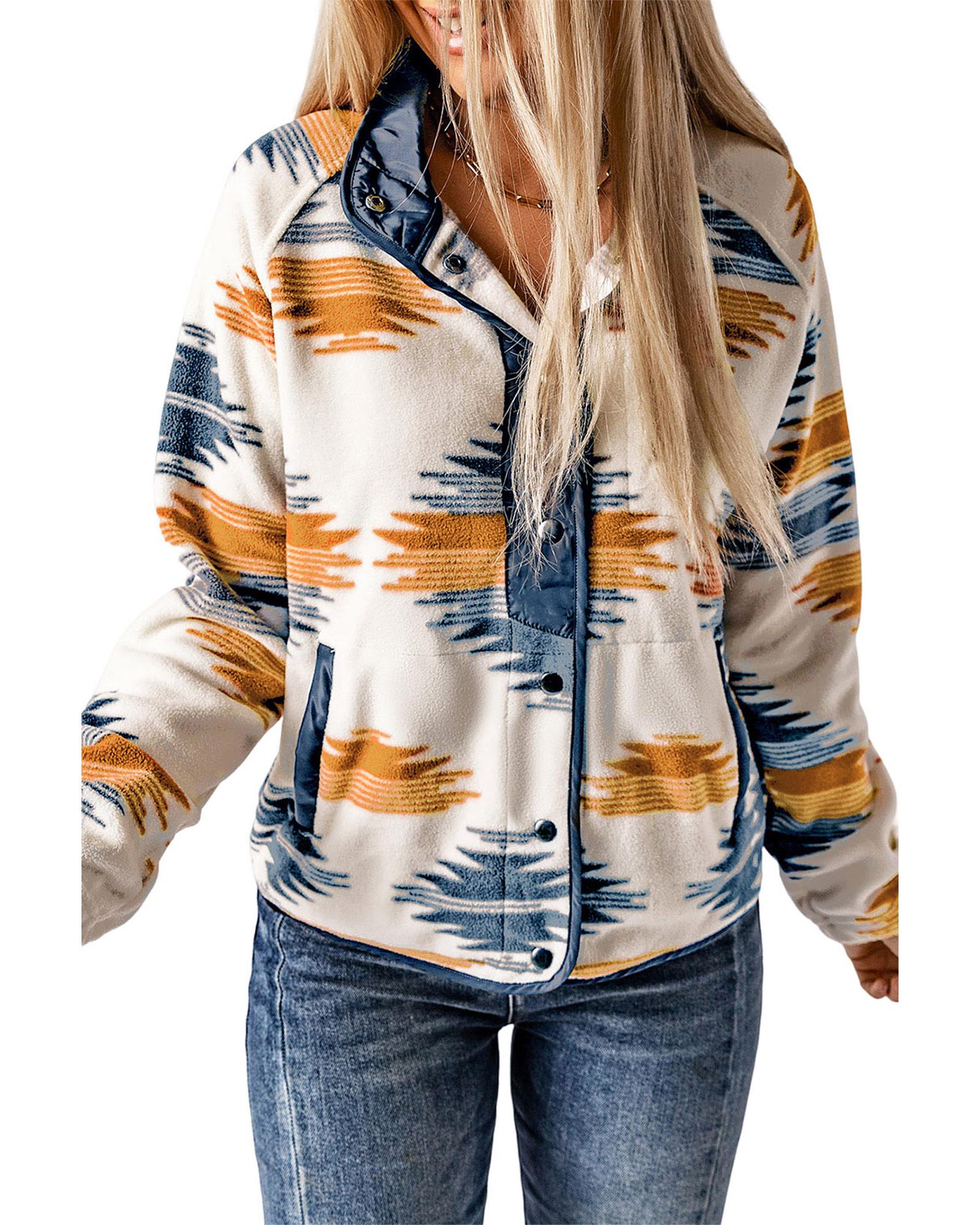 Multicolour Western Aztec Snap Buttoned Fleece Jacket - XL