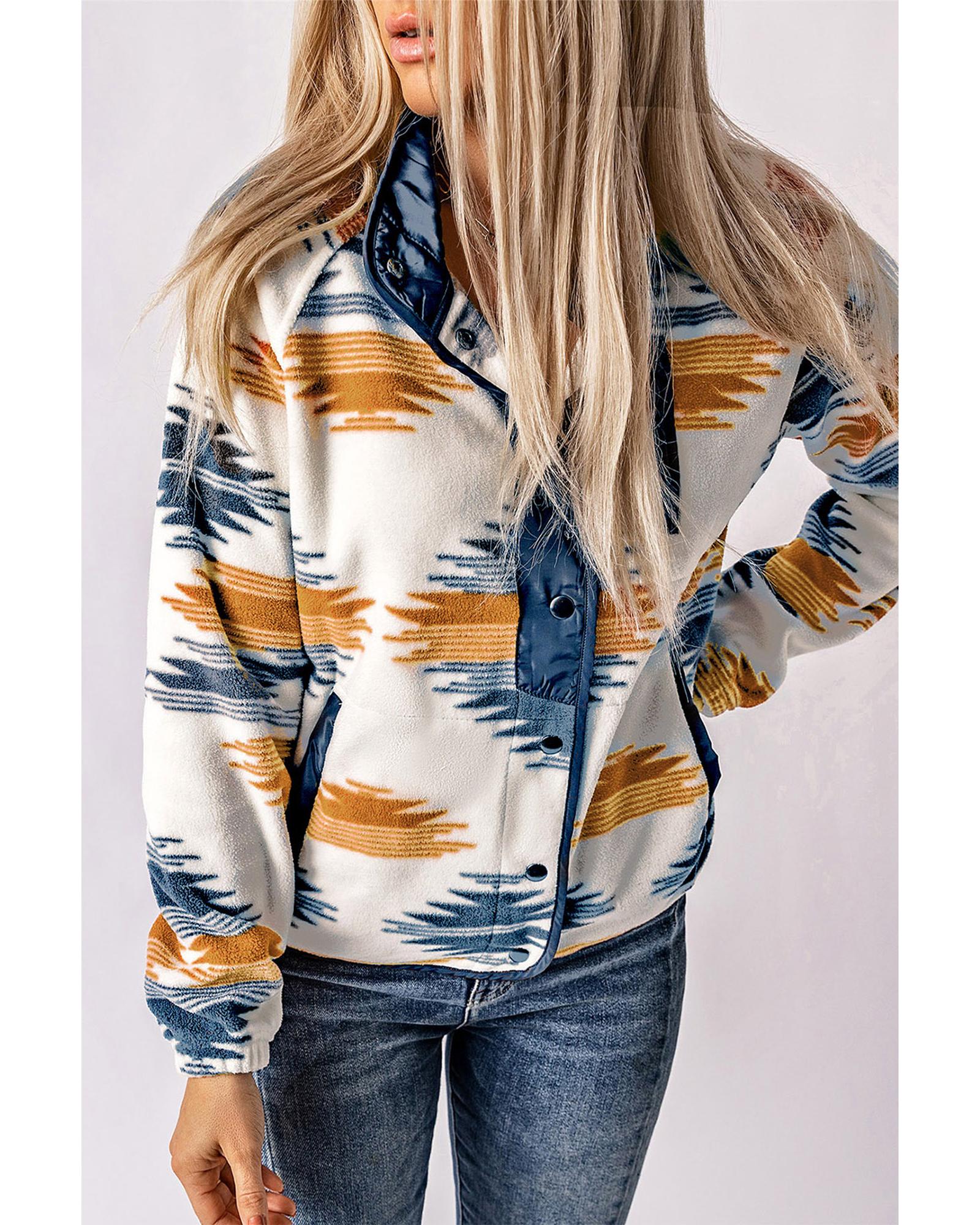 Multicolour Western Aztec Snap Buttoned Fleece Jacket - XL