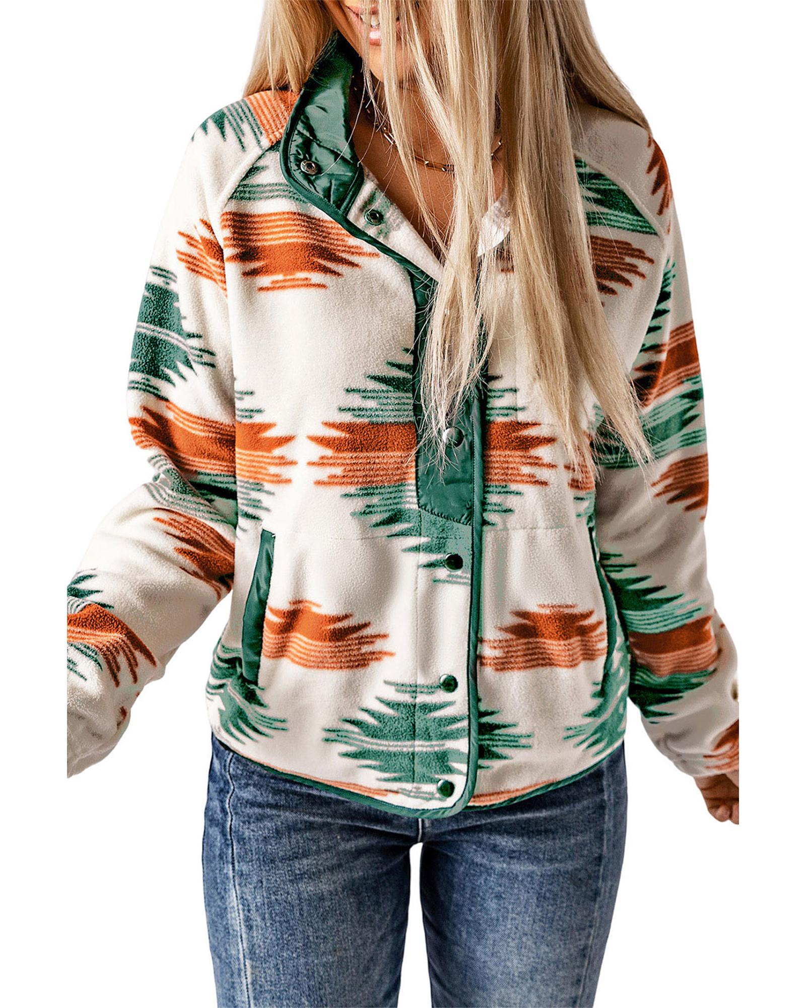 Multicolour Western Aztec Snap Buttoned Fleece Jacket - XL