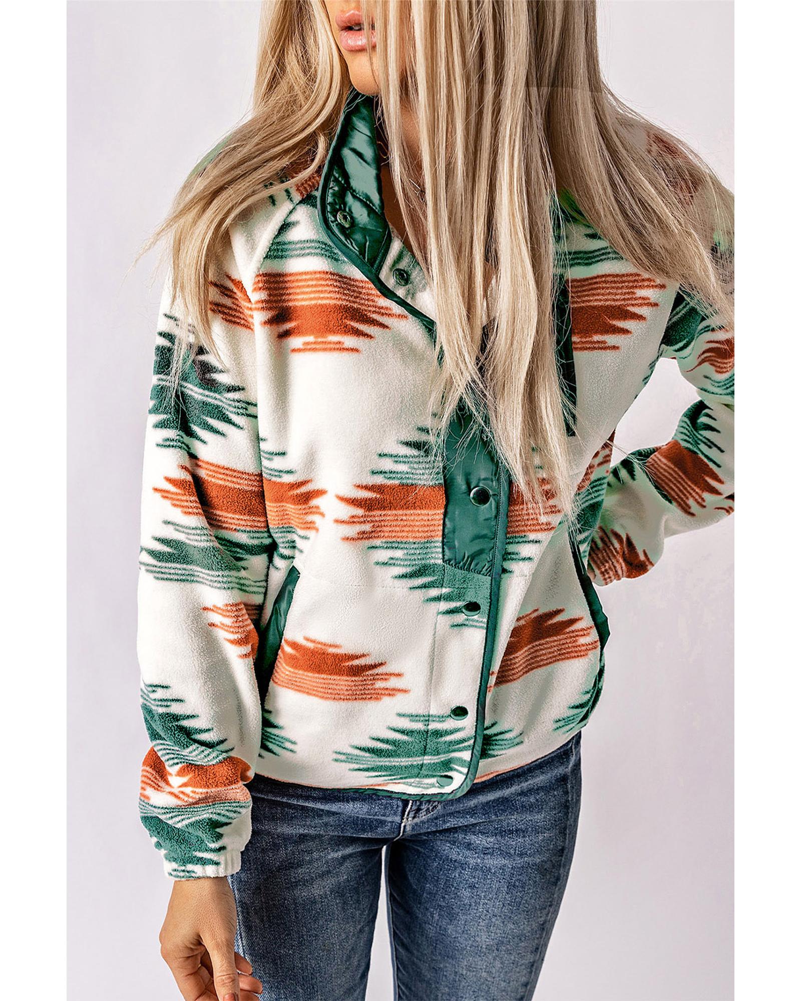 Multicolour Western Aztec Snap Buttoned Fleece Jacket - XL