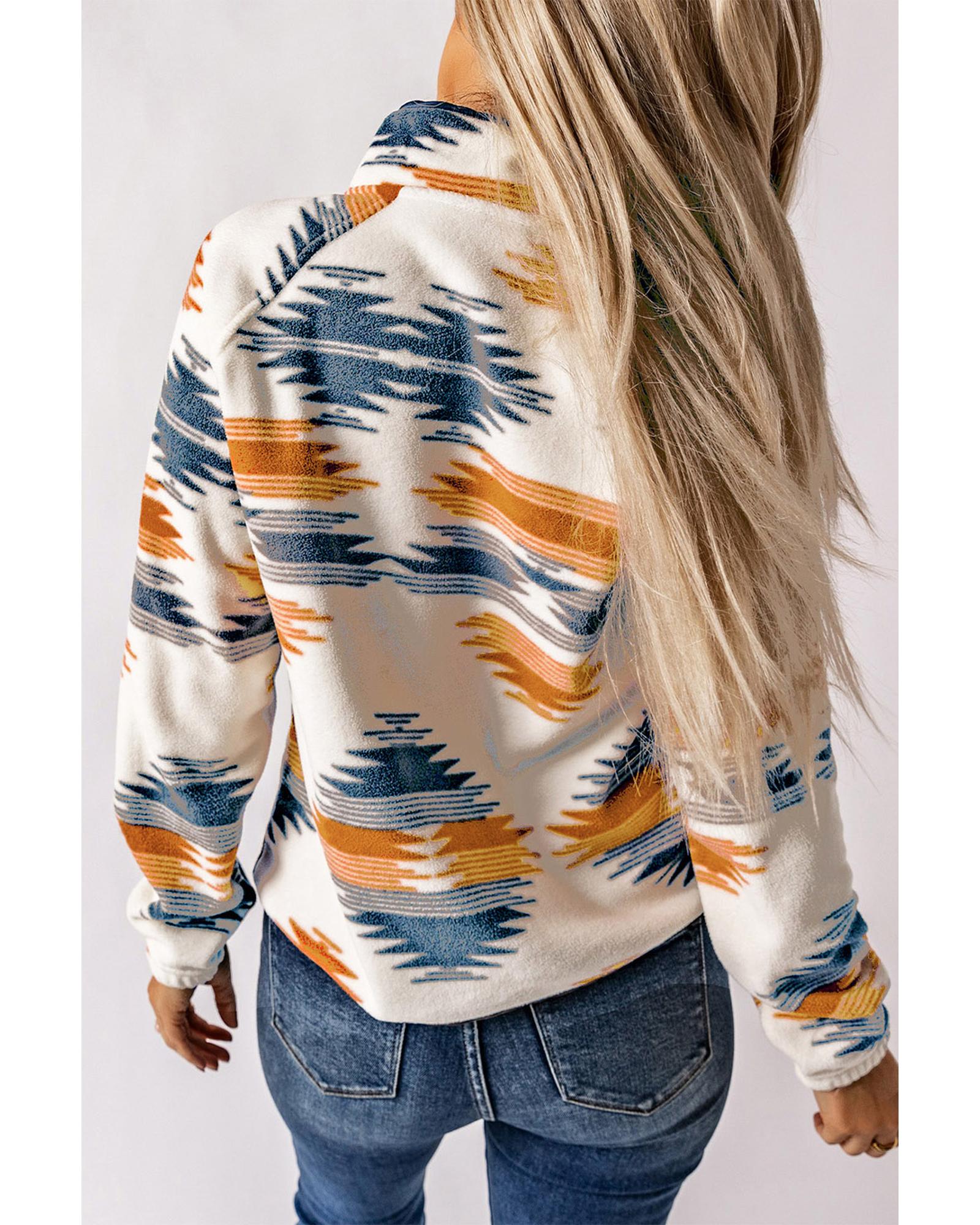 Multicolour Western Aztec Snap Buttoned Fleece Jacket - XL