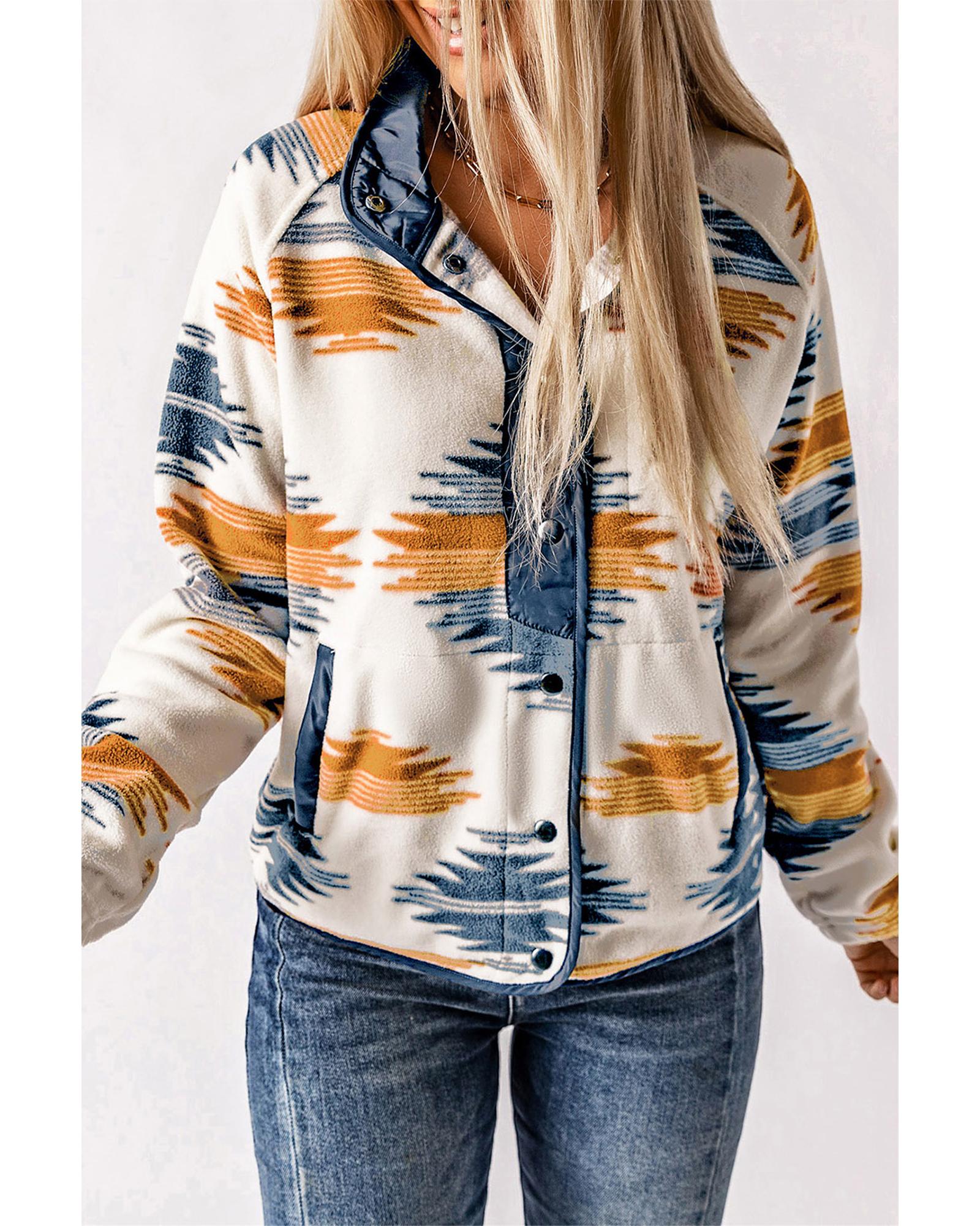 Multicolour Western Aztec Snap Buttoned Fleece Jacket - XL