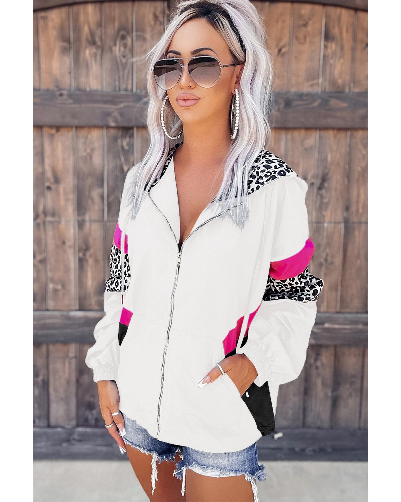 White Leopard Color Block Pockets Zip-up Hooded Jacket - L