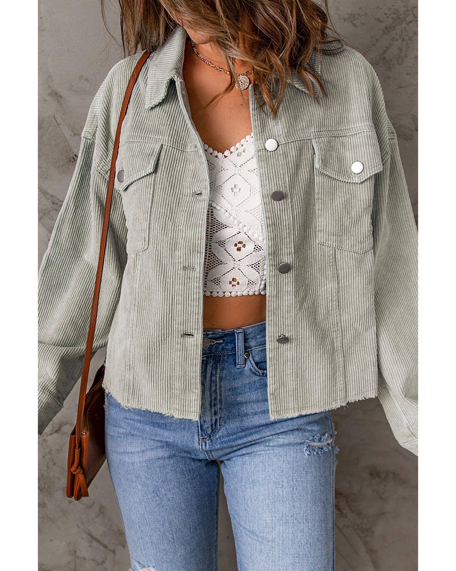 Sky Blue Raw Hem Flap Pockets Cropped Corduroy Jacket - S