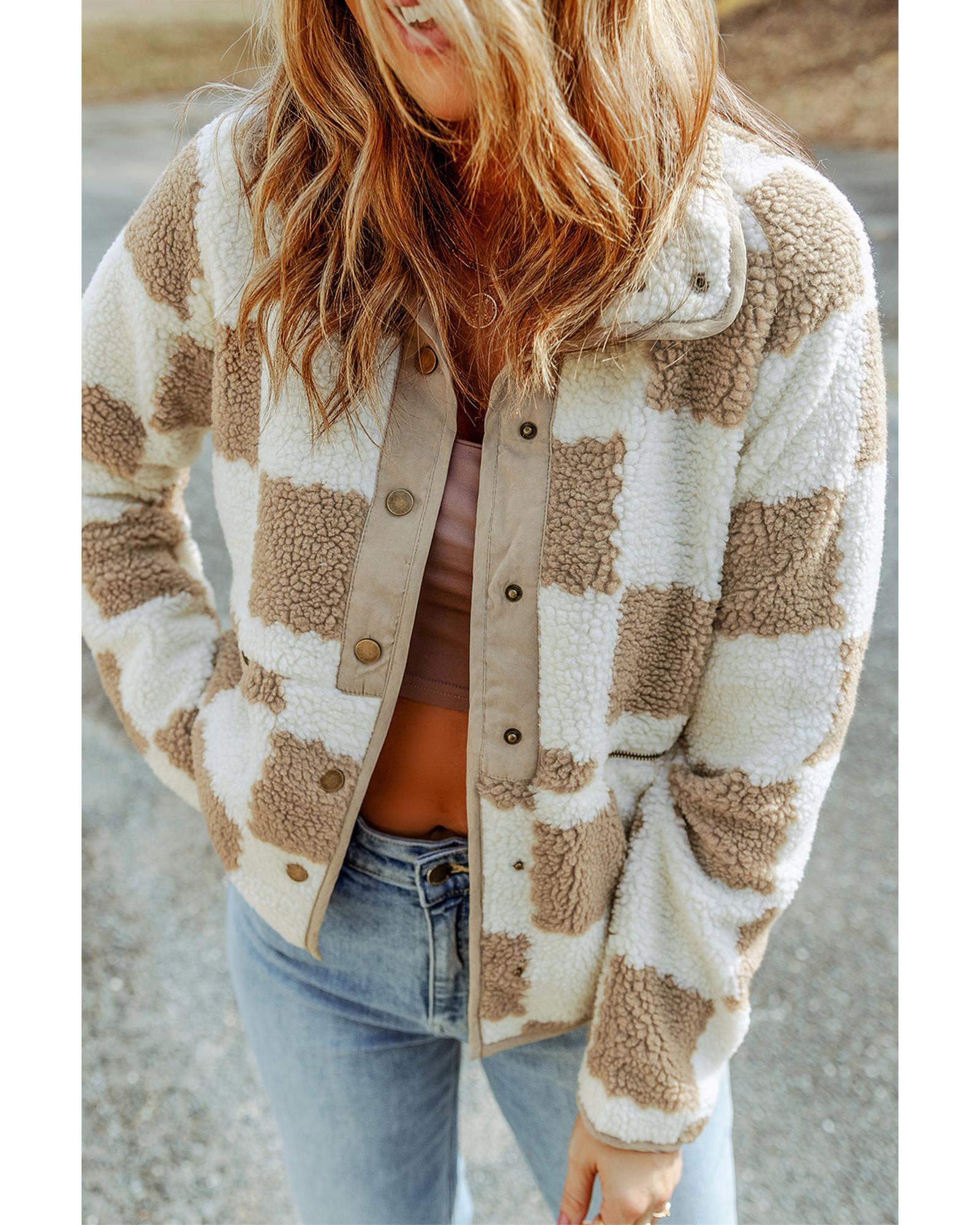 Brown Checked Snap Button Sherpa Jacket - XL