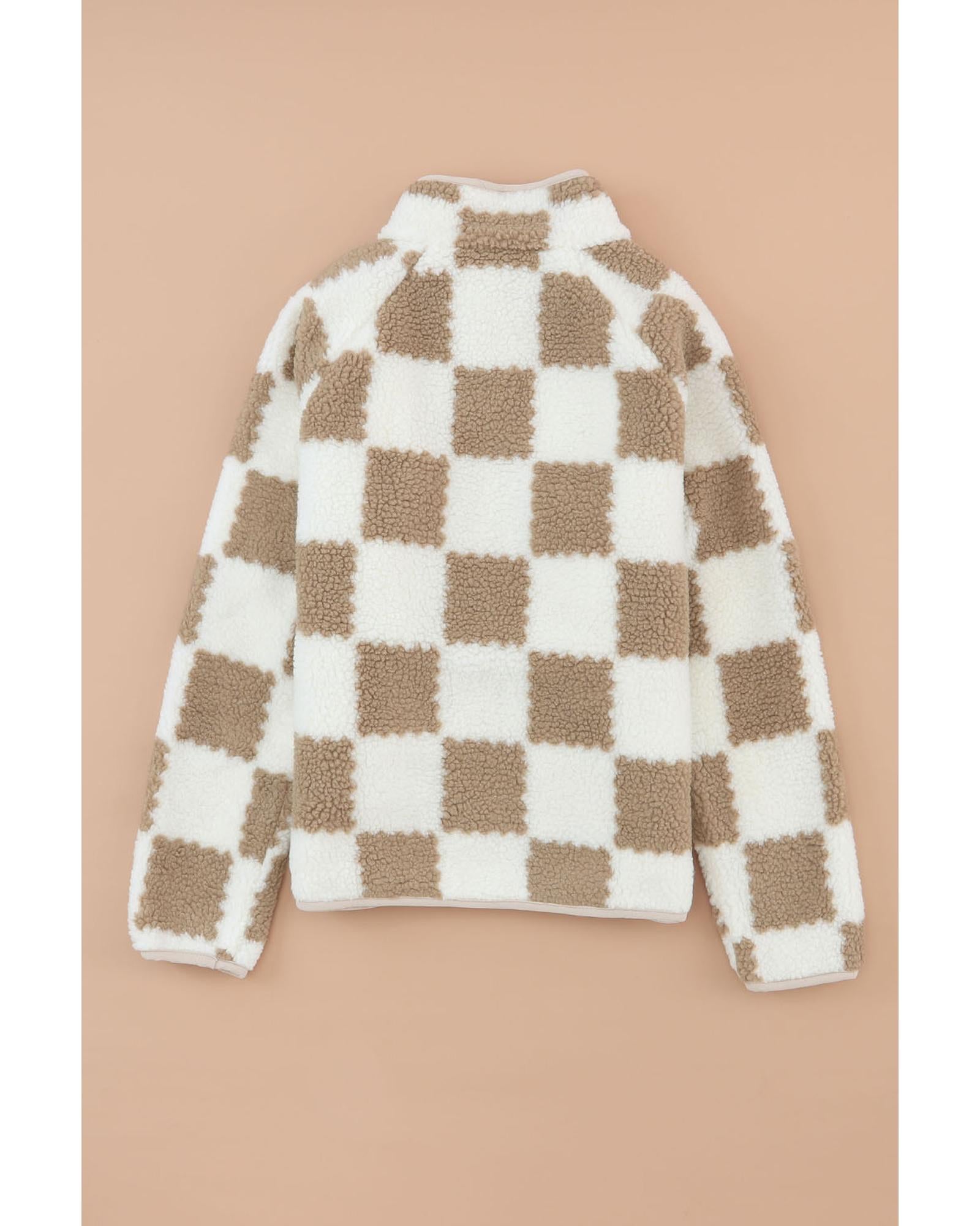 Brown Checked Snap Button Sherpa Jacket - XL