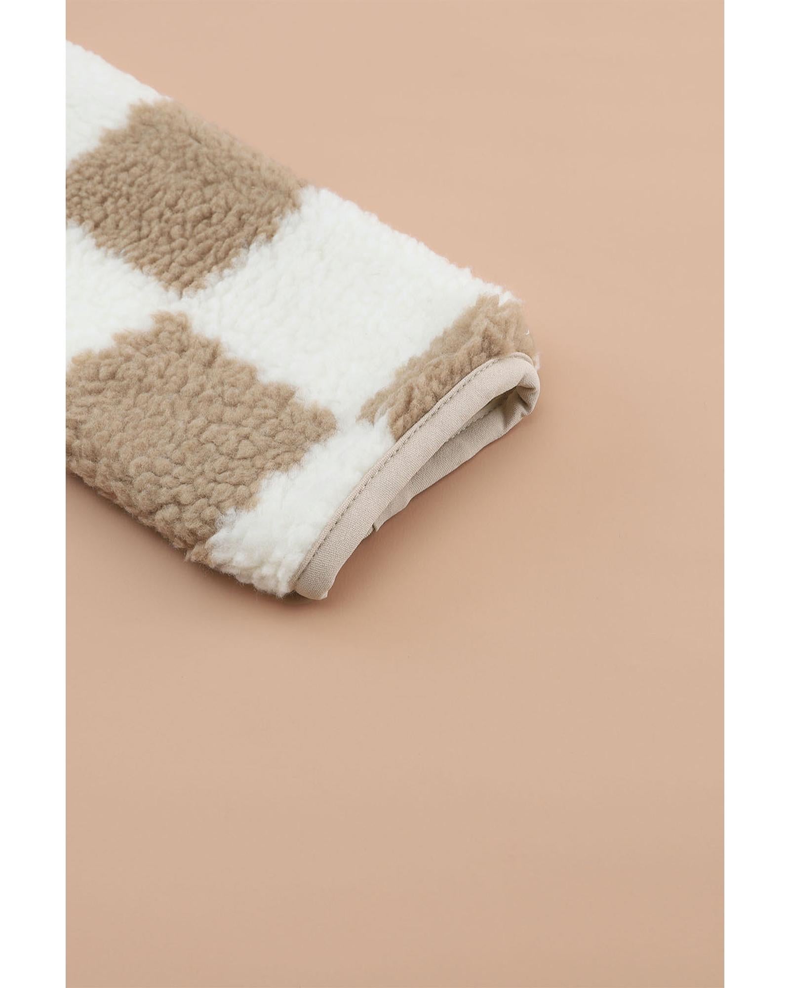 Brown Checked Snap Button Sherpa Jacket - XL