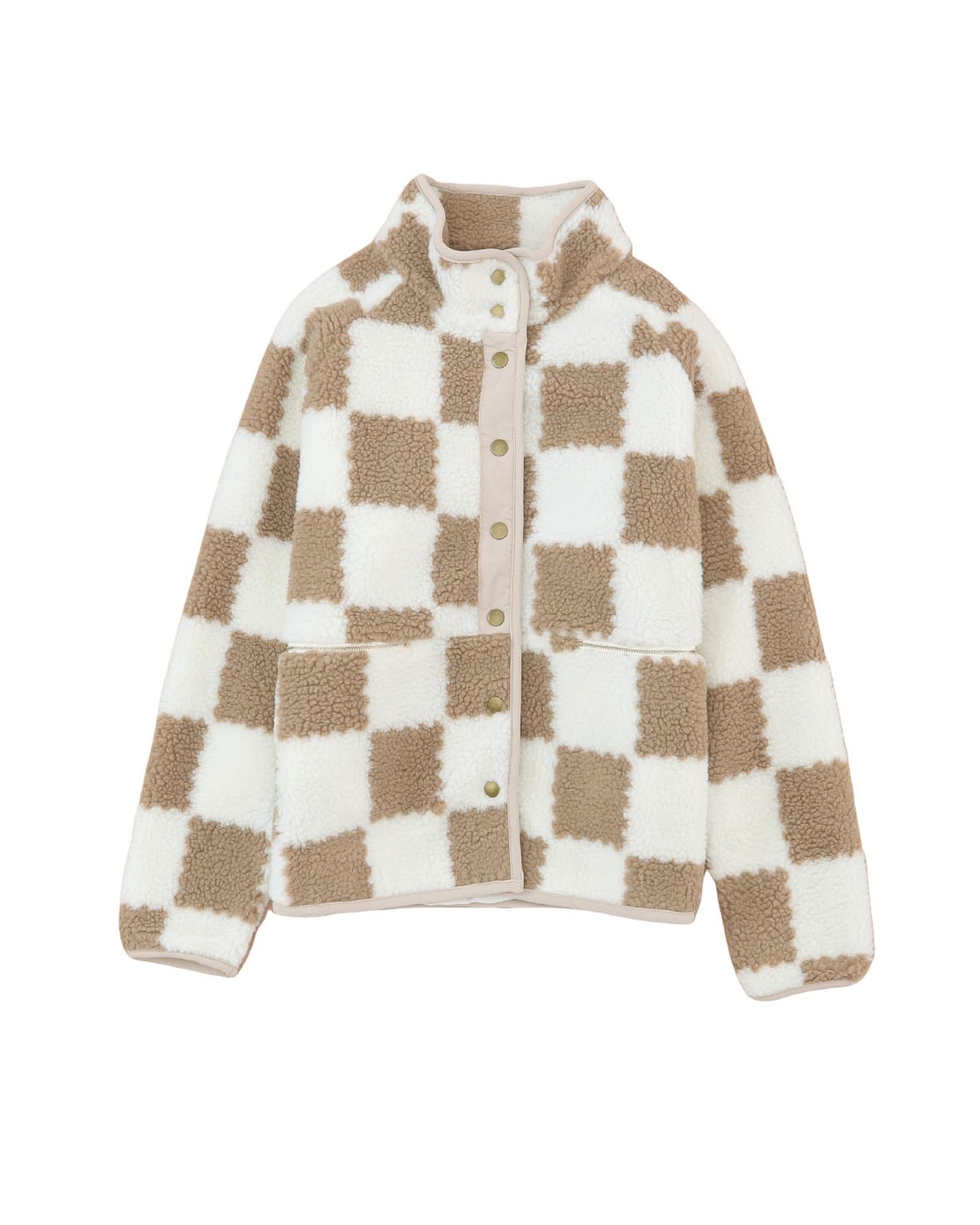 Brown Checked Snap Button Sherpa Jacket - XL