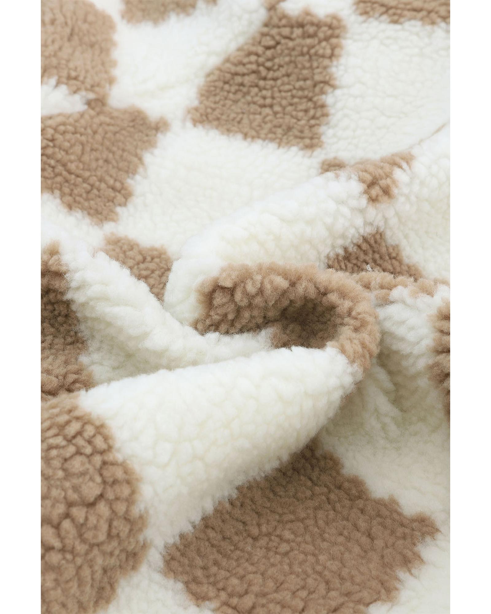 Brown Checked Snap Button Sherpa Jacket - XL