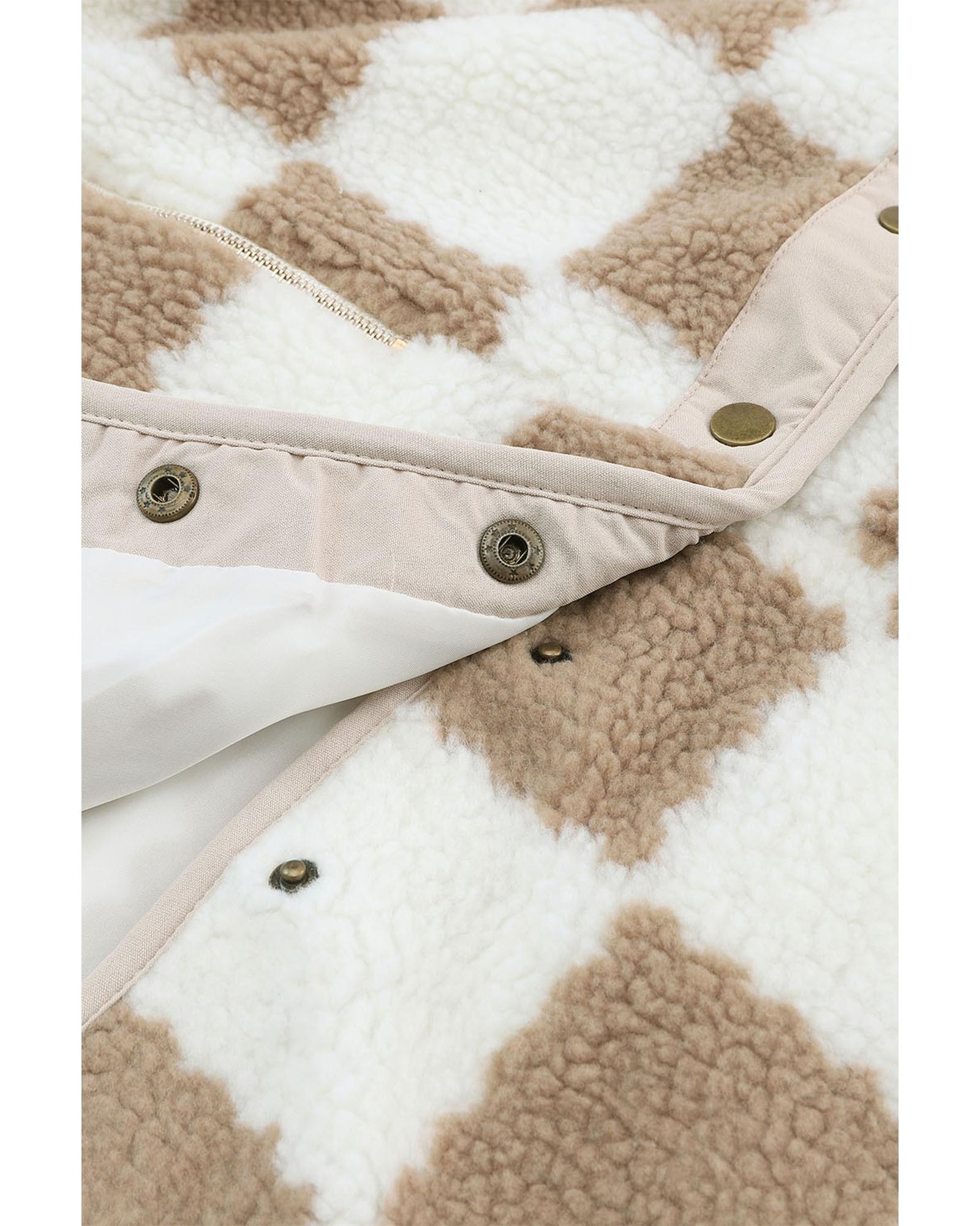 Brown Checked Snap Button Sherpa Jacket - XL