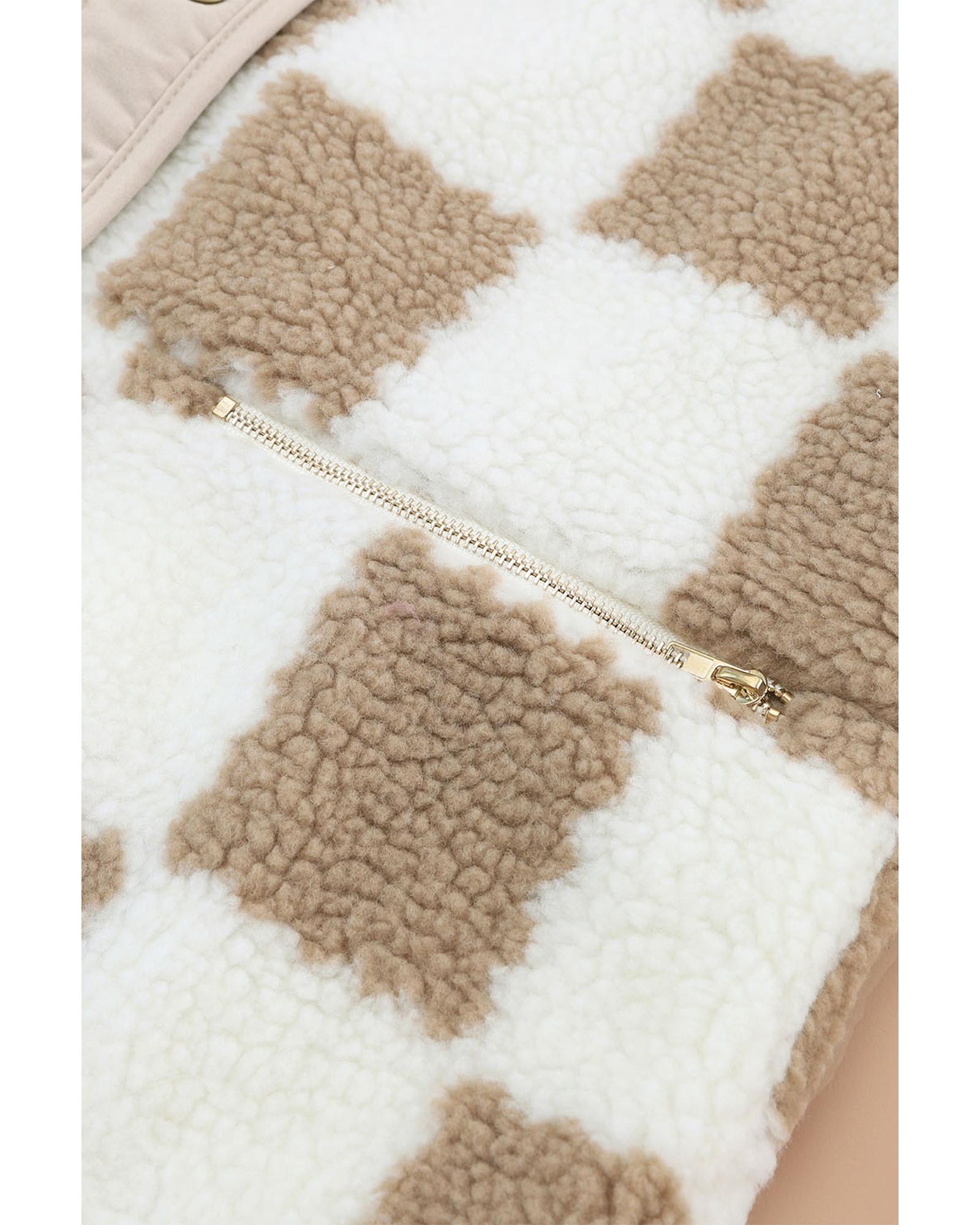 Brown Checked Snap Button Sherpa Jacket - XL