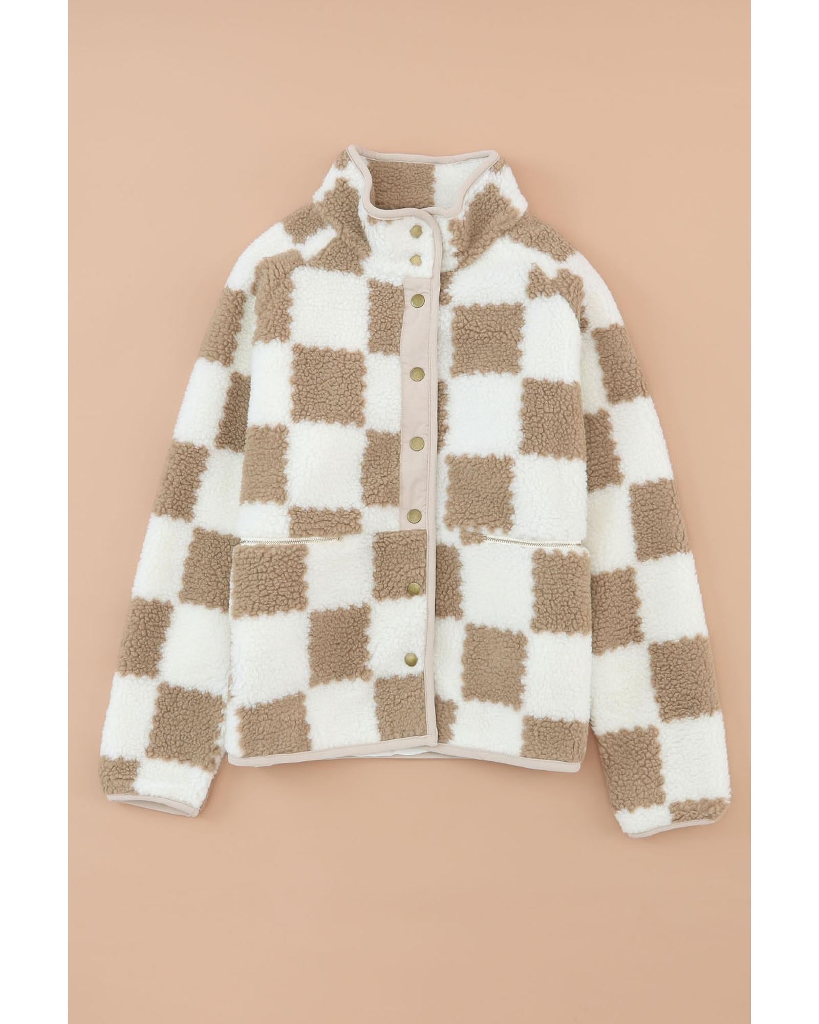 Brown Checked Snap Button Sherpa Jacket - XL