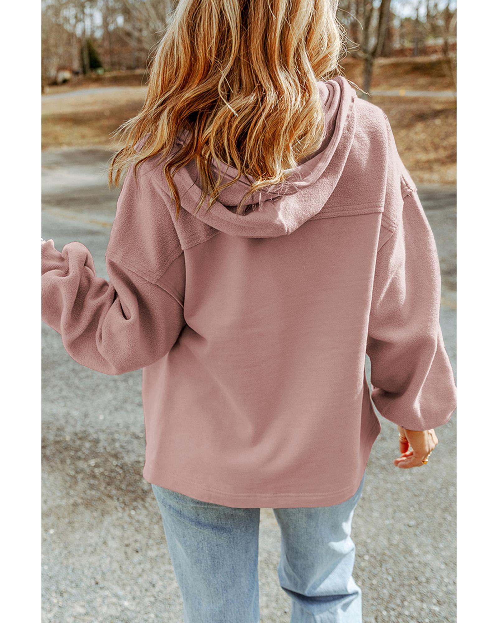 Pink Flap Pocket Drawstring Hood Zip Up Jacket - L