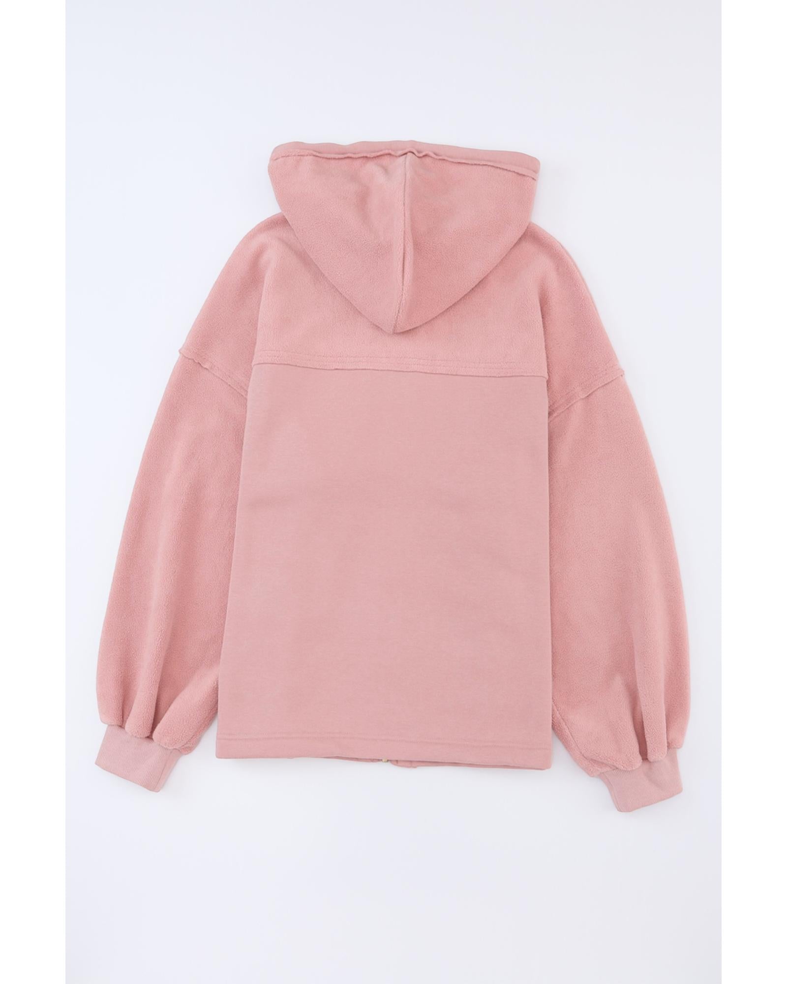 Pink Flap Pocket Drawstring Hood Zip Up Jacket - L