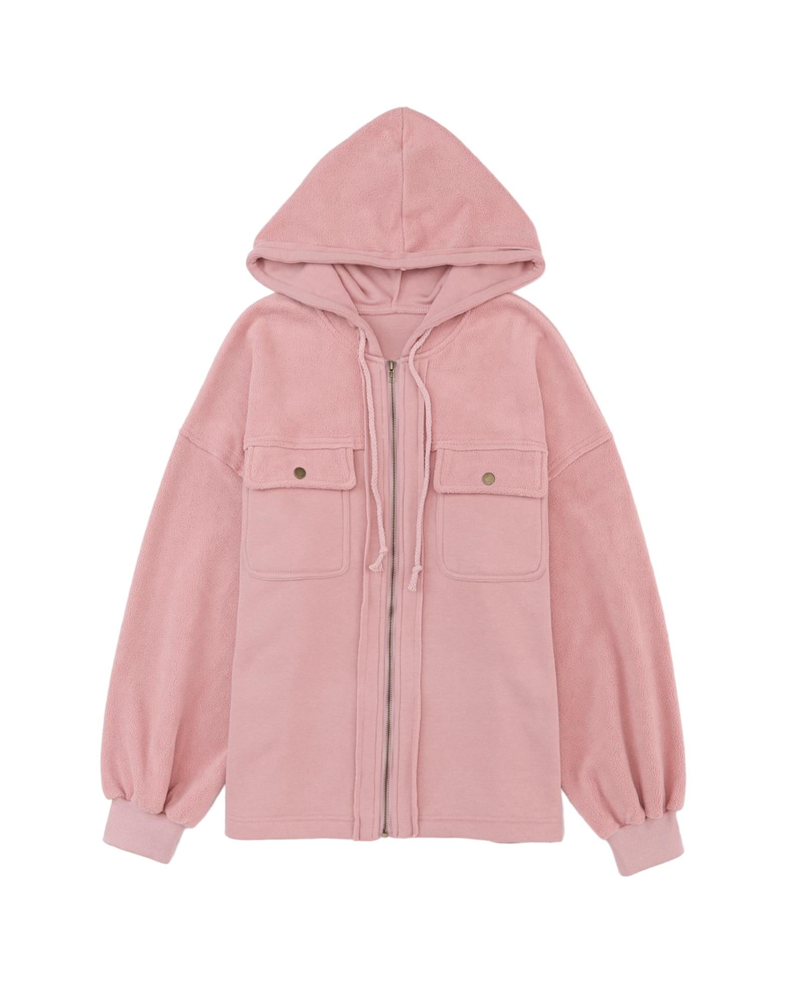 Pink Flap Pocket Drawstring Hood Zip Up Jacket - XL