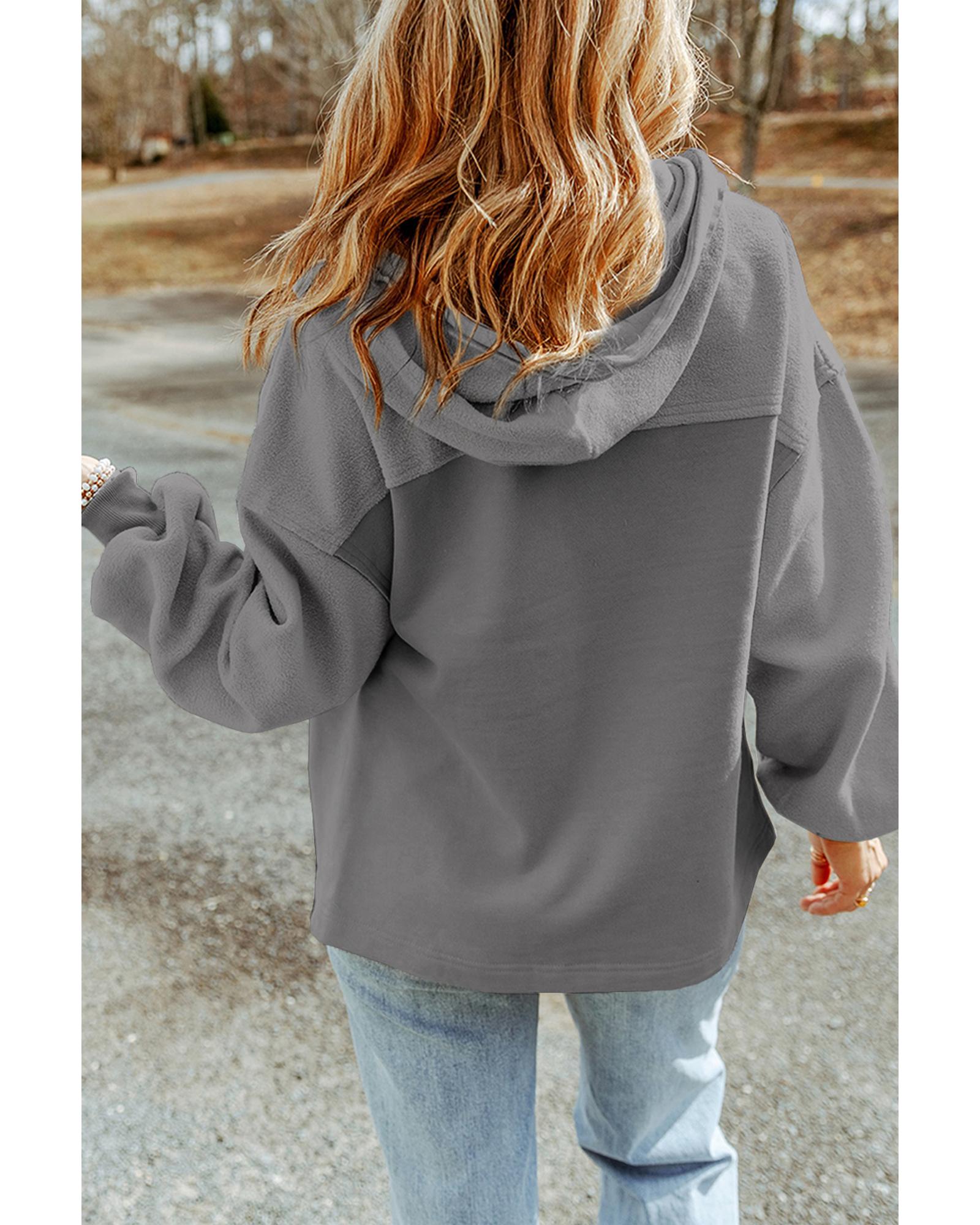 Gray Flap Pocket Drawstring Hood Zip Up Jacket - M