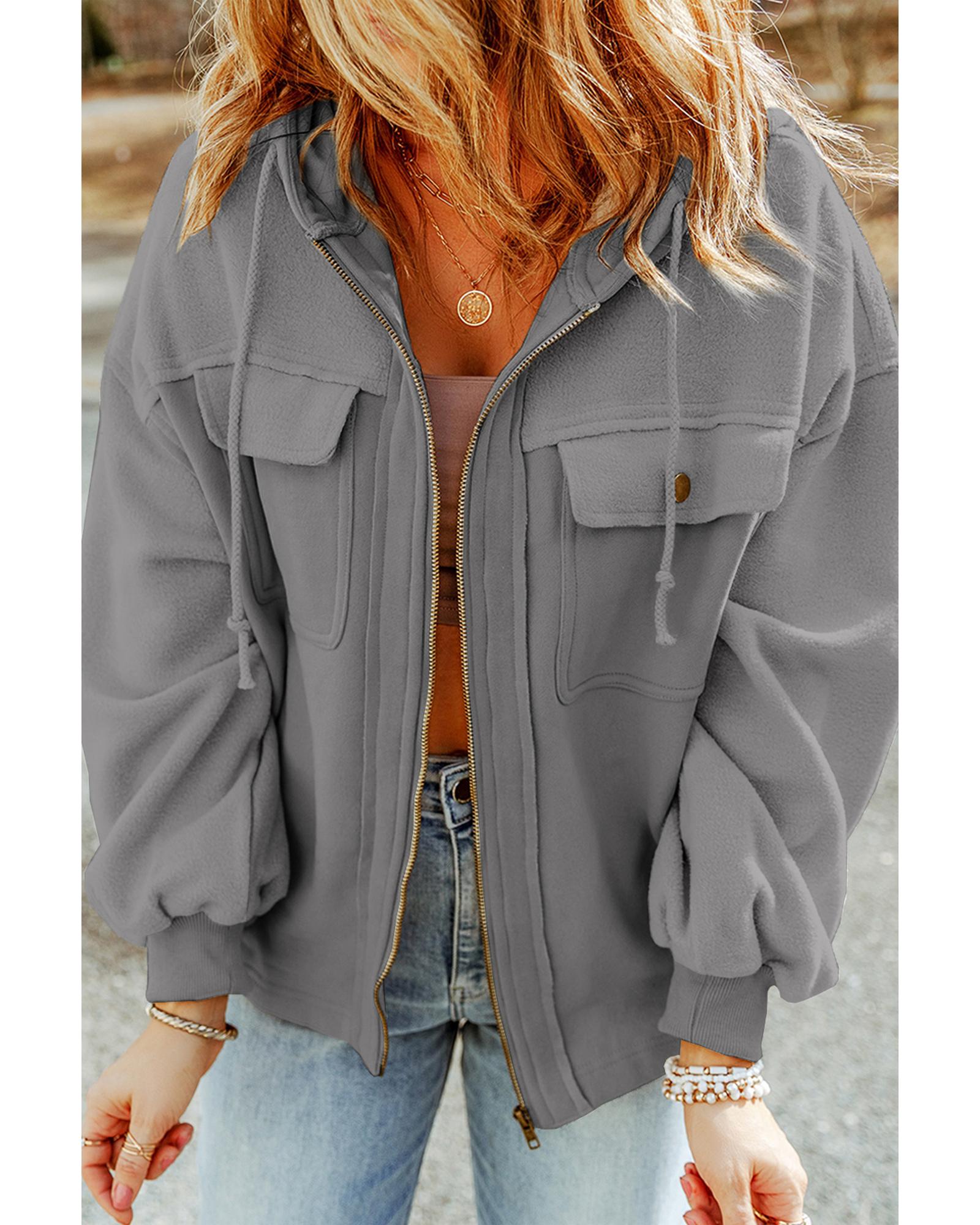 Gray Flap Pocket Drawstring Hood Zip Up Jacket - M
