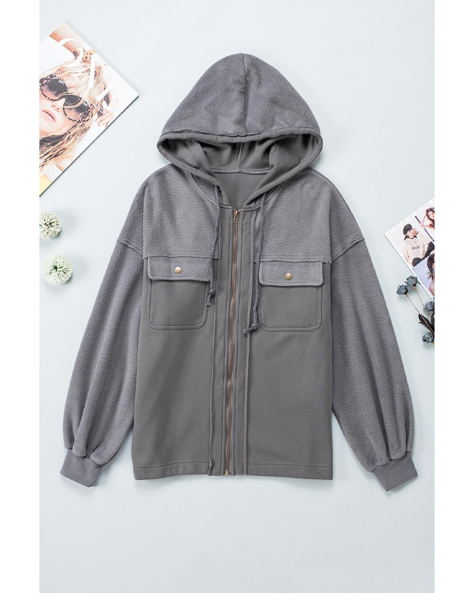 Gray Flap Pocket Drawstring Hood Zip Up Jacket - M