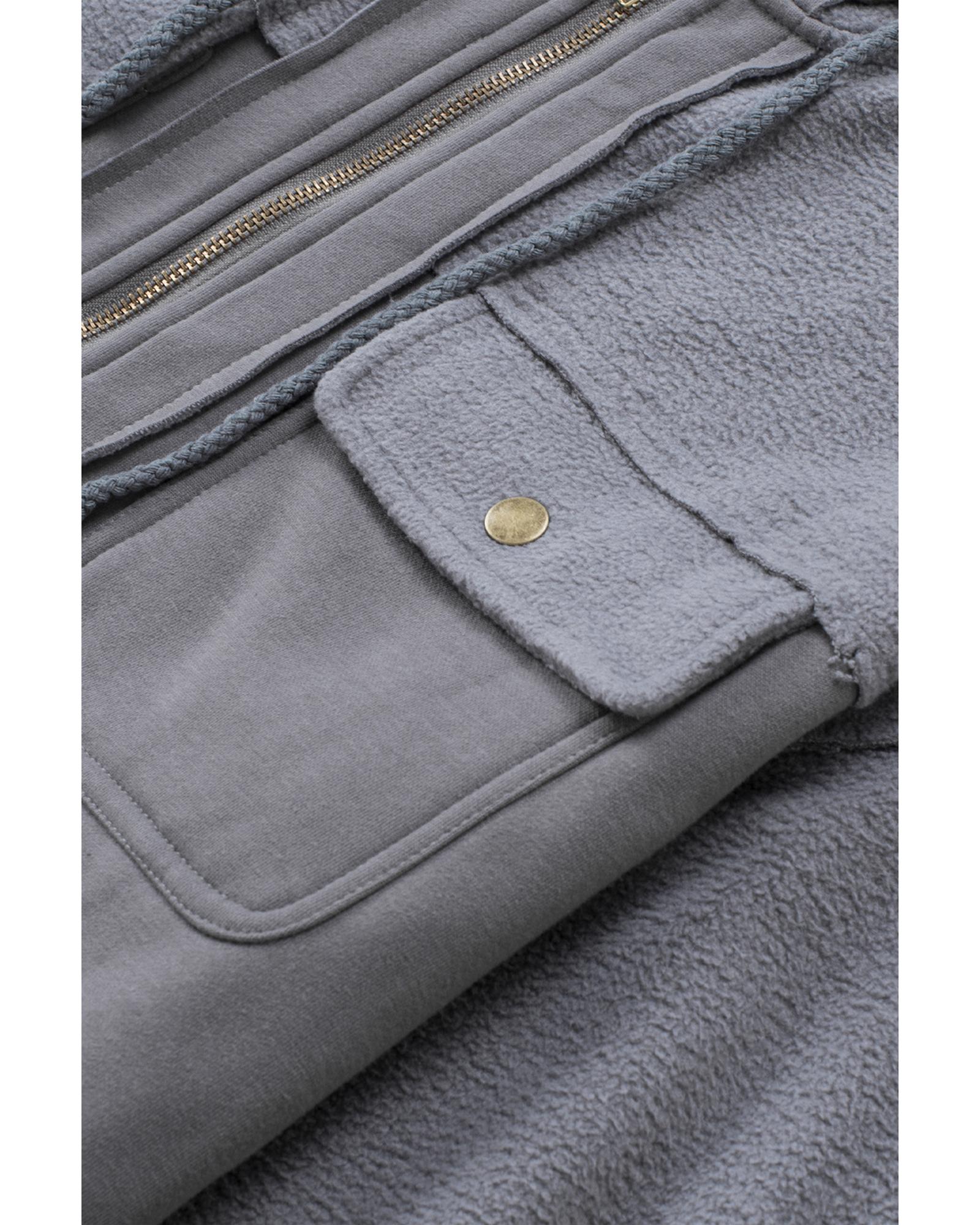 Gray Flap Pocket Drawstring Hood Zip Up Jacket - M