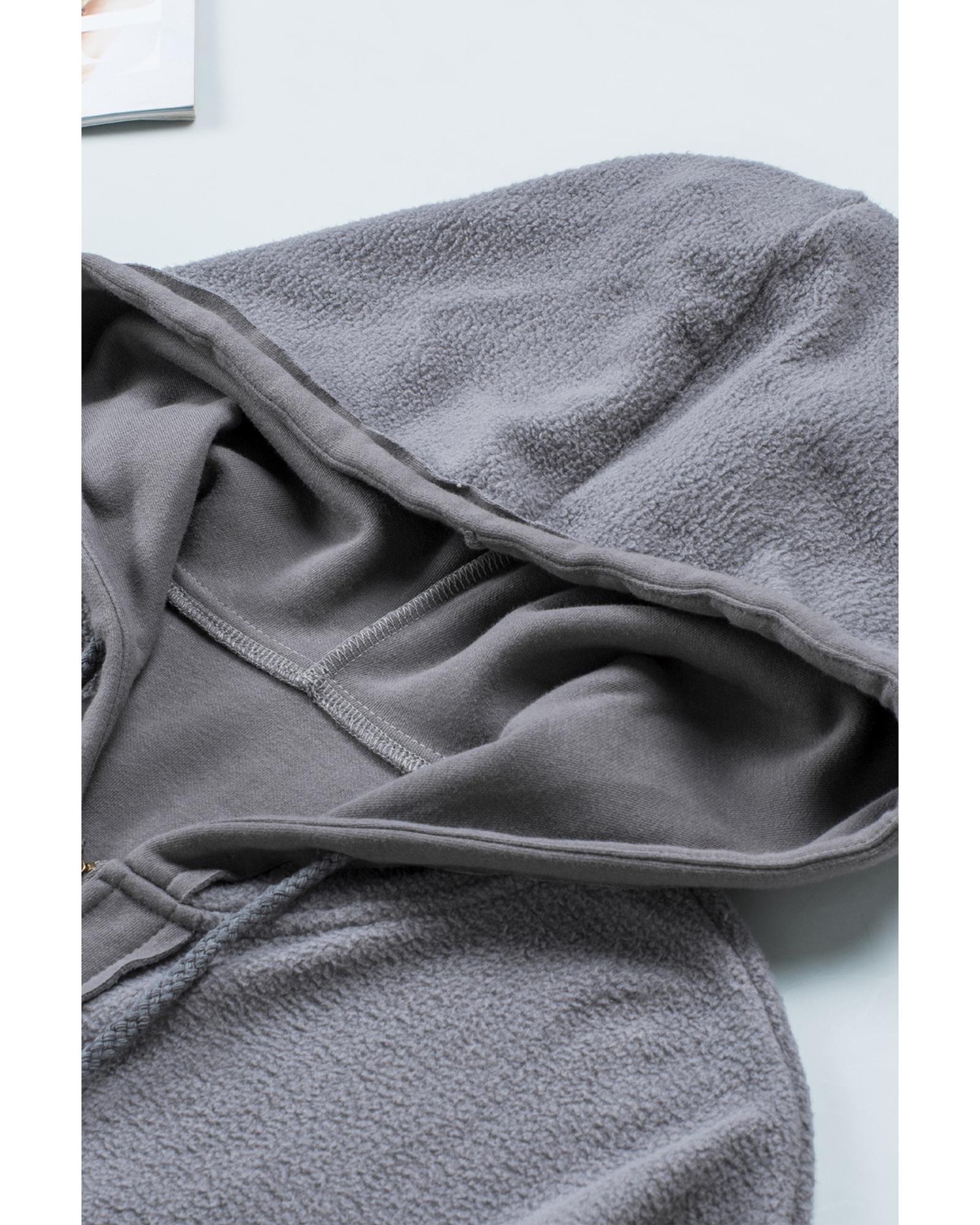 Gray Flap Pocket Drawstring Hood Zip Up Jacket - M