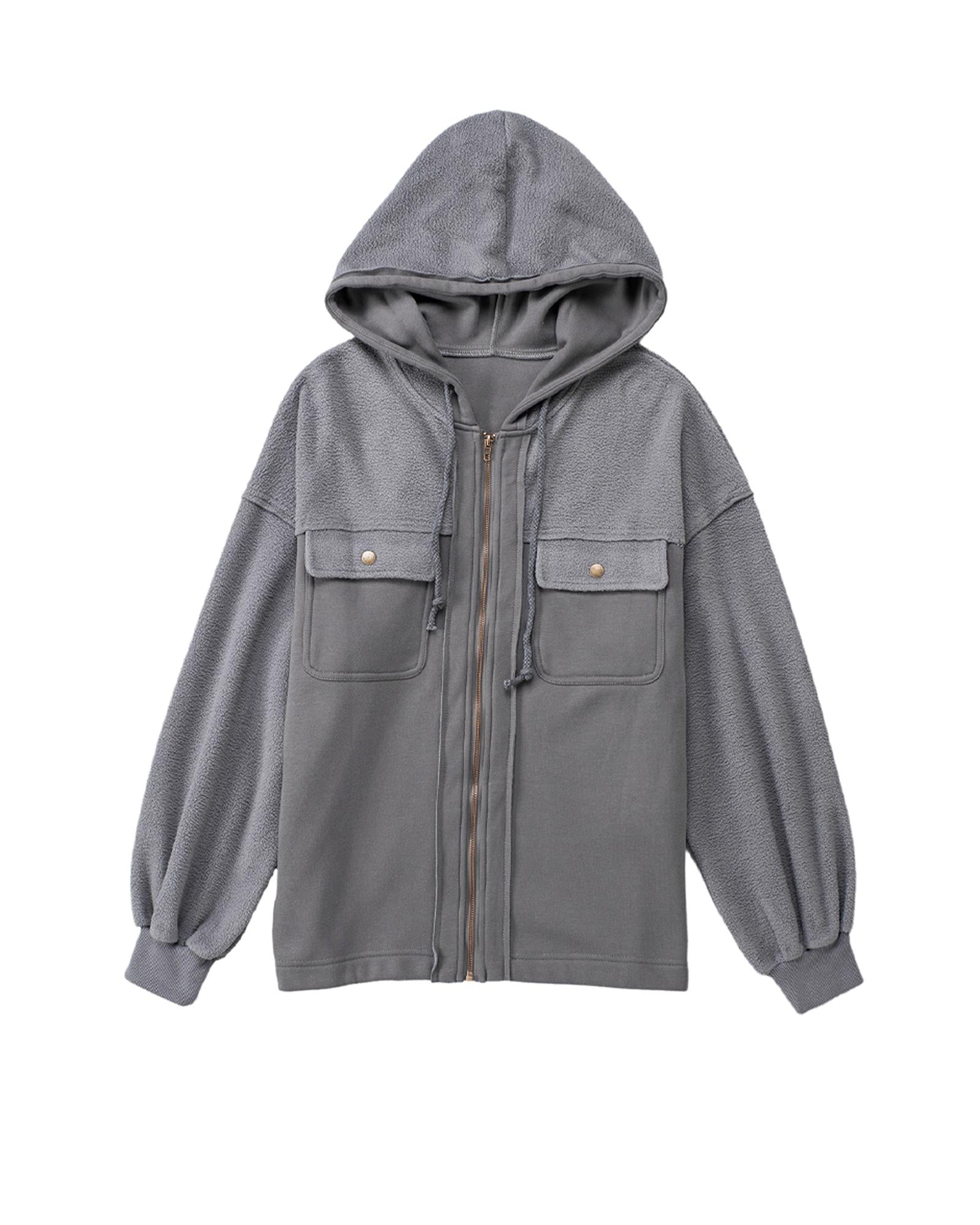 Gray Flap Pocket Drawstring Hood Zip Up Jacket - M