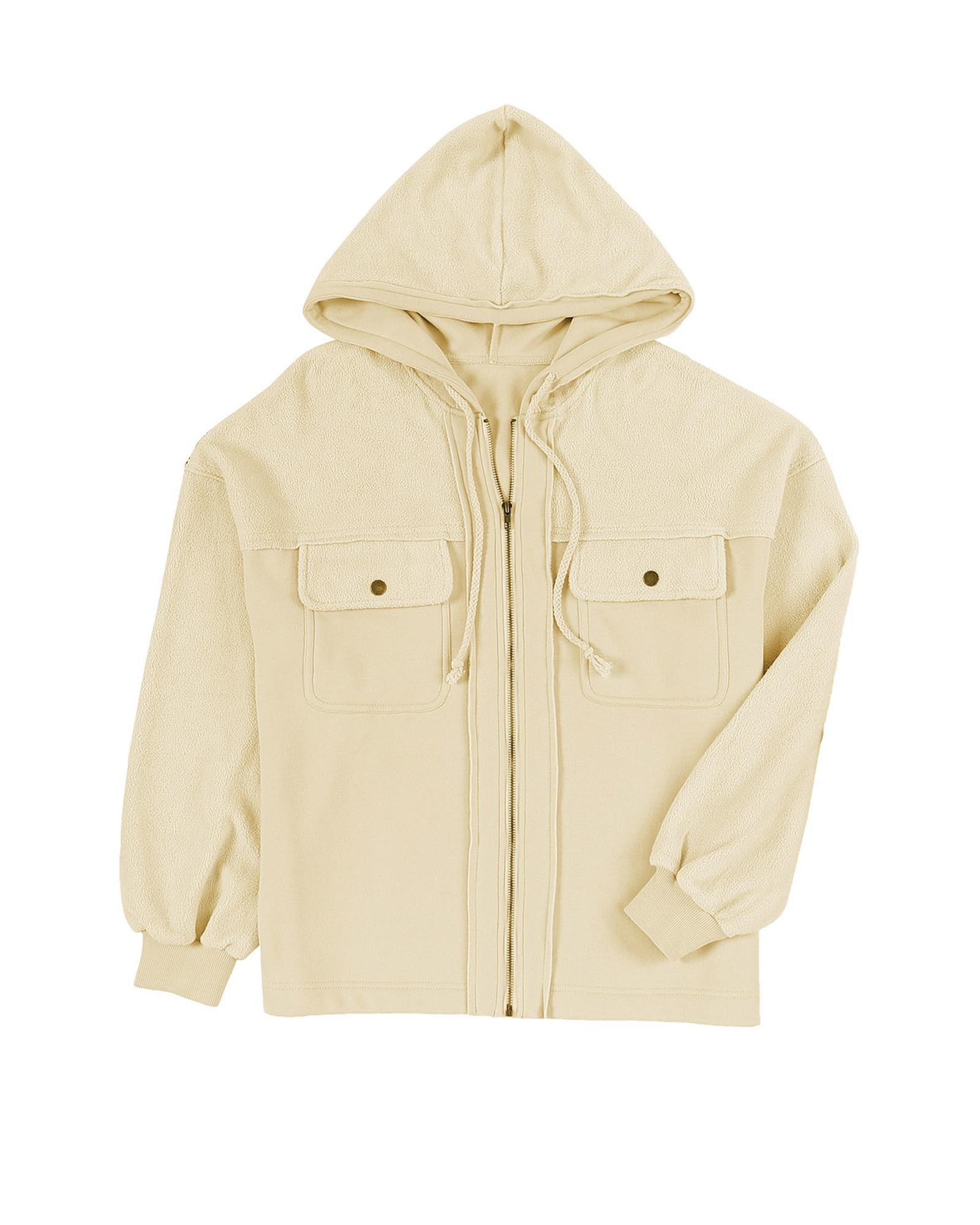 Apricot Flap Pocket Drawstring Hood Zip Up Jacket - XL