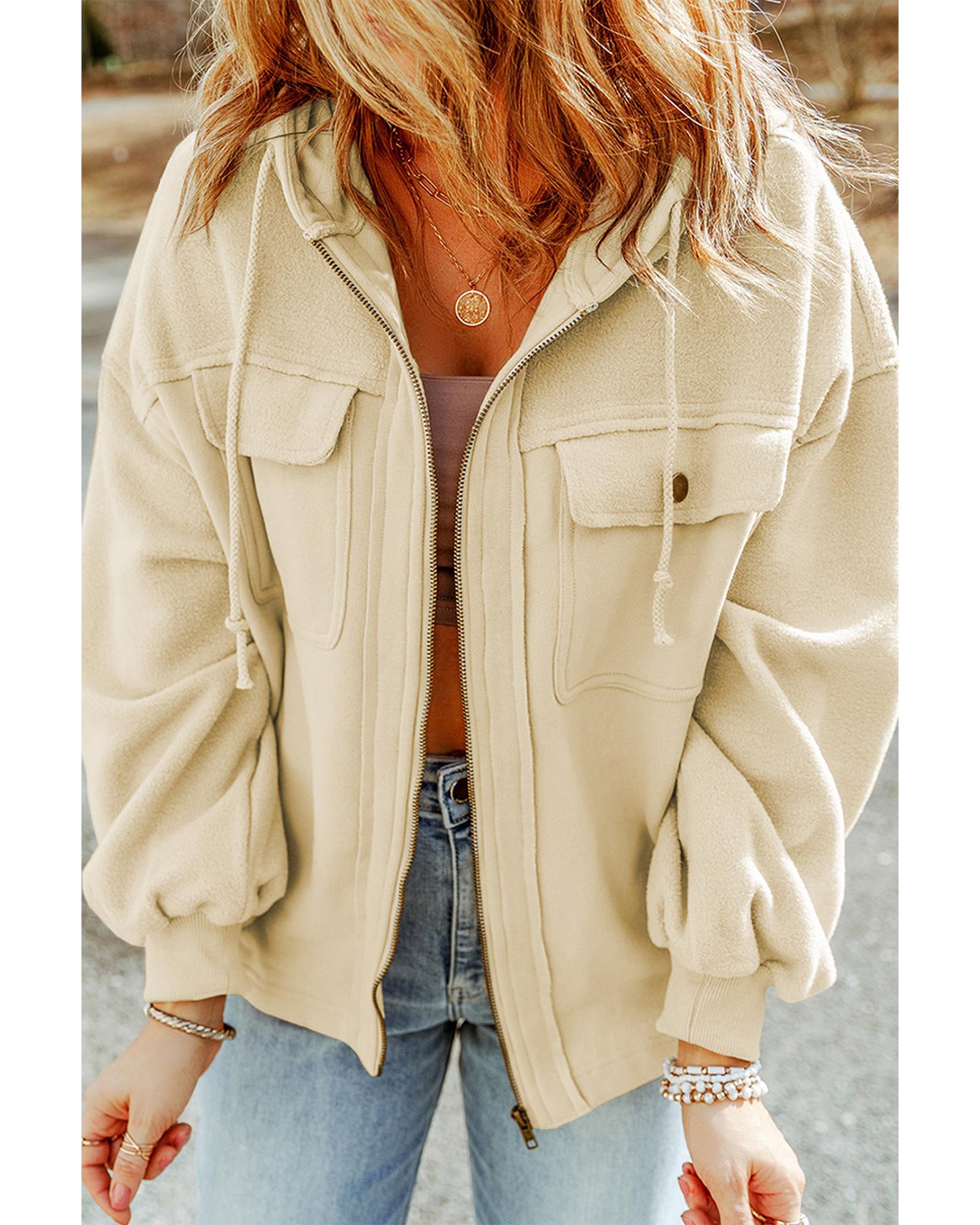 Apricot Flap Pocket Drawstring Hood Zip Up Jacket - XL