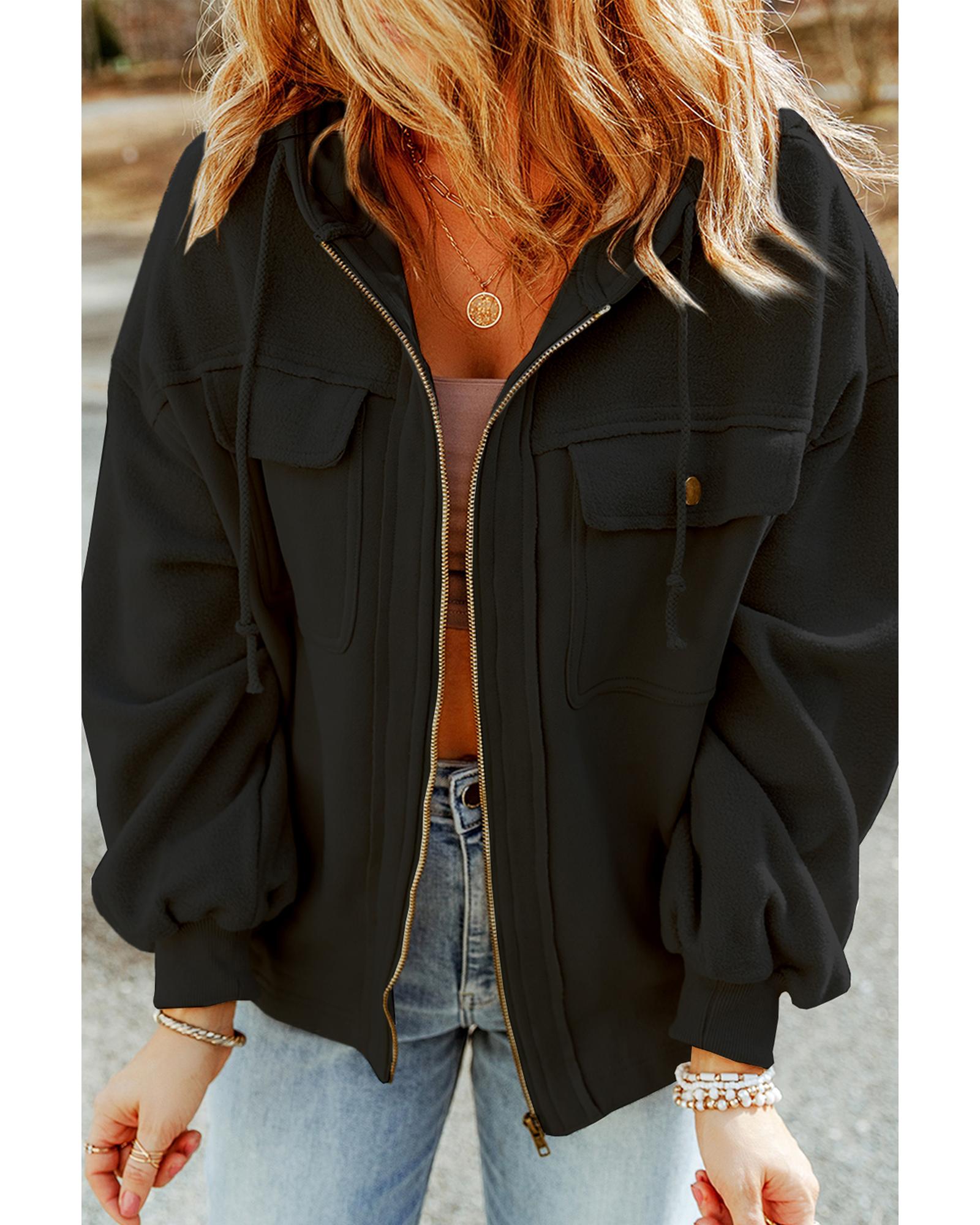 Black Flap Pocket Drawstring Hood Zip Up Jacket - L
