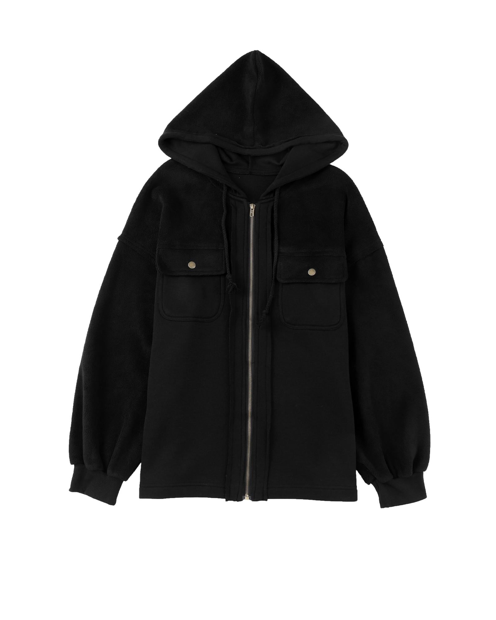 Black Flap Pocket Drawstring Hood Zip Up Jacket - L