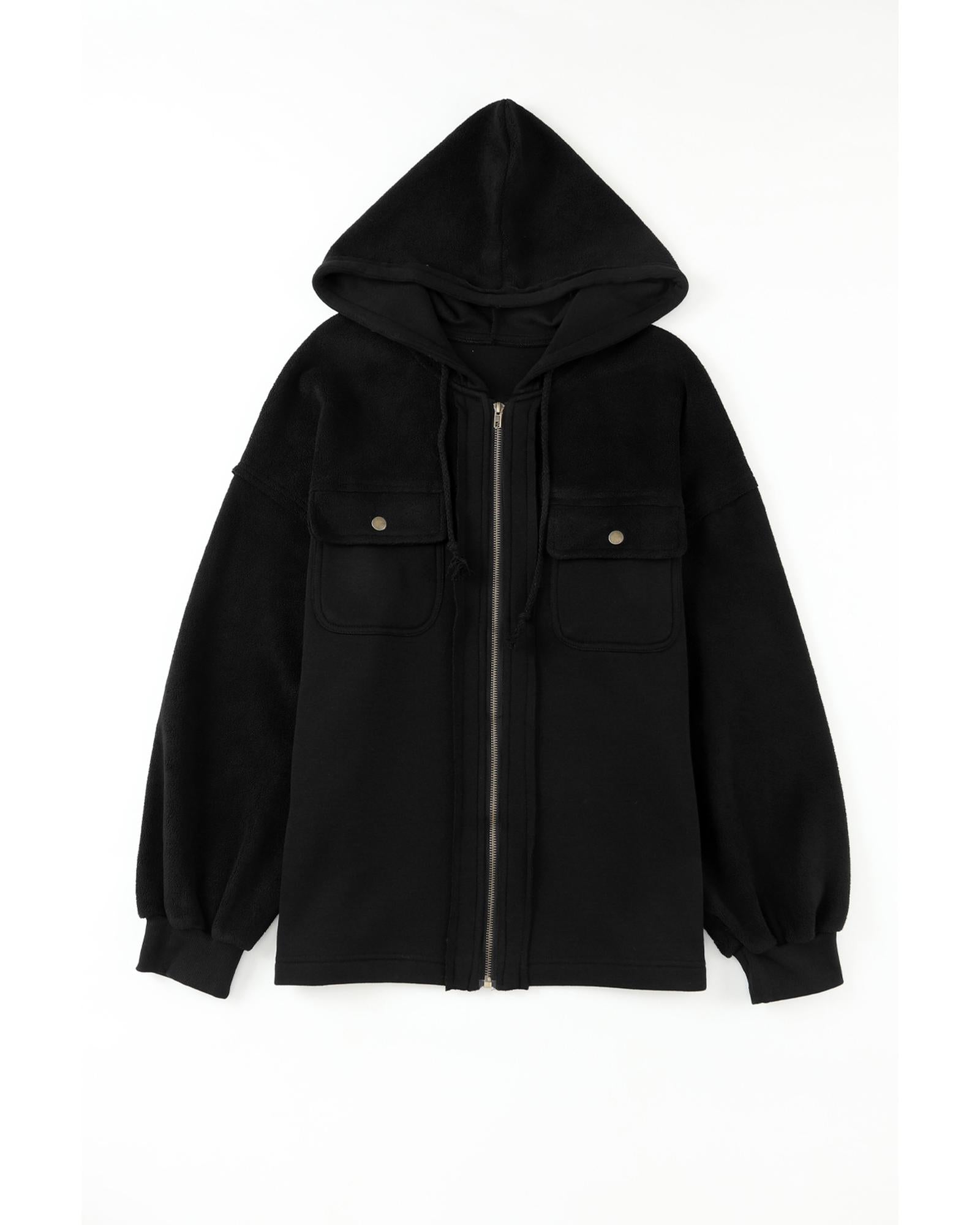 Black Flap Pocket Drawstring Hood Zip Up Jacket - M