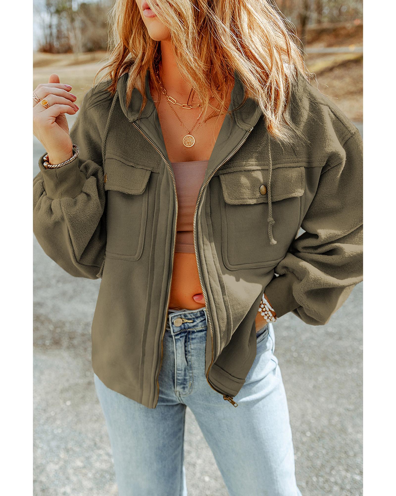 Green Flap Pocket Drawstring Hood Zip Up Jacket - 2XL