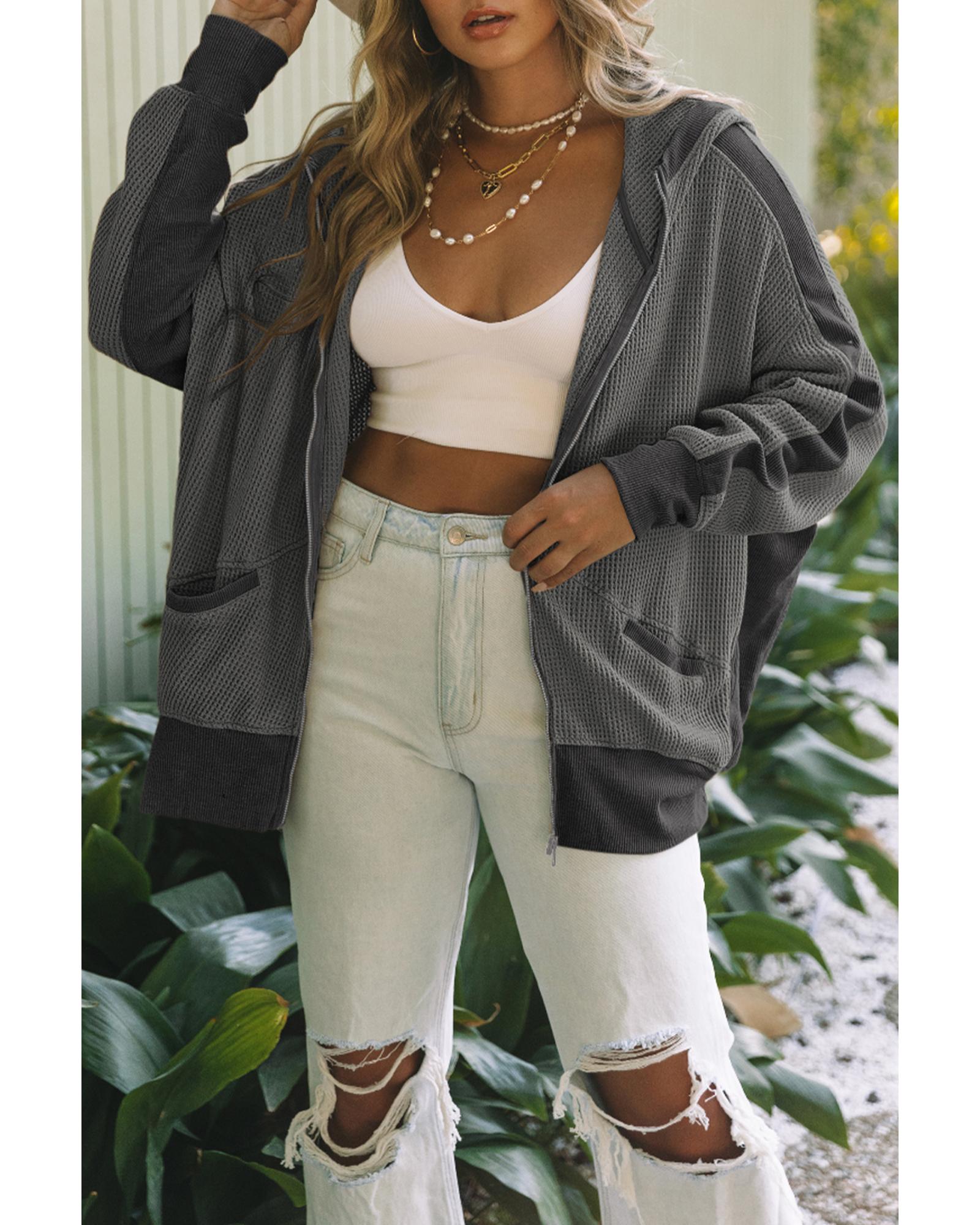 Gray Thermal Waffle Knit Full Zipper Hooded Jacket - XL