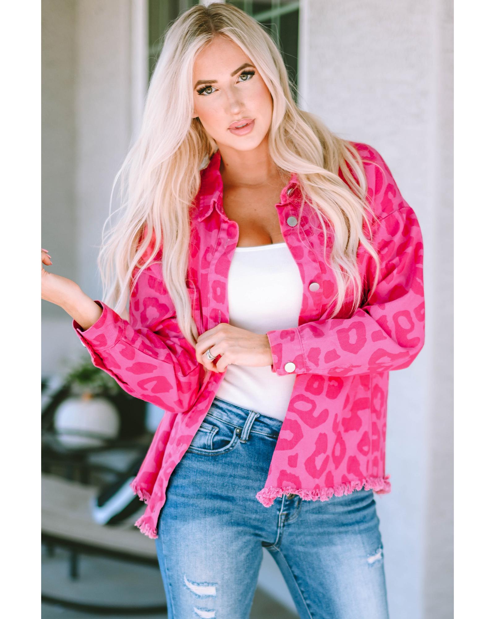 Pink Leopard Print Button Cuffs Raw Hem Jacket - XL