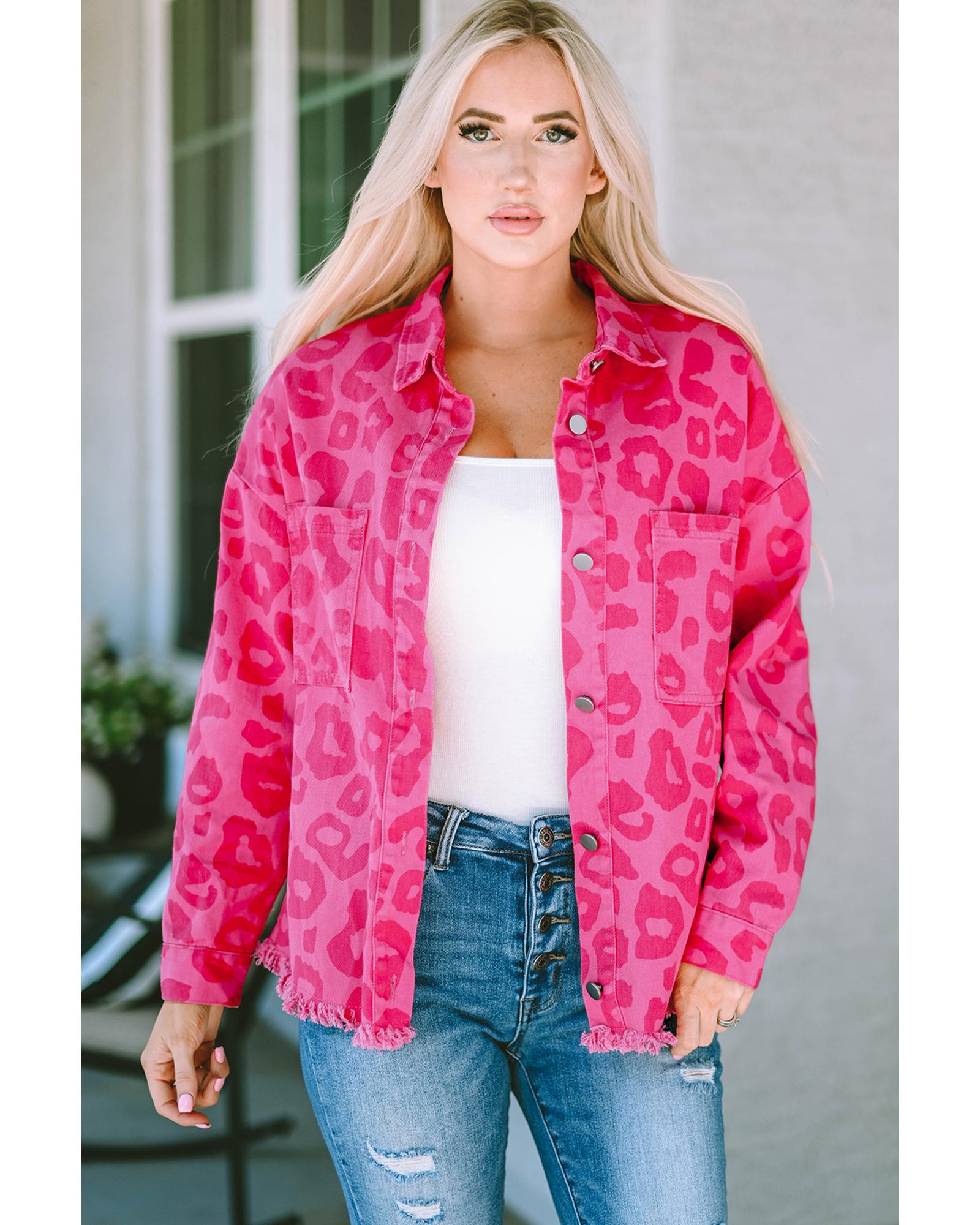 Pink Leopard Print Button Cuffs Raw Hem Jacket - XL