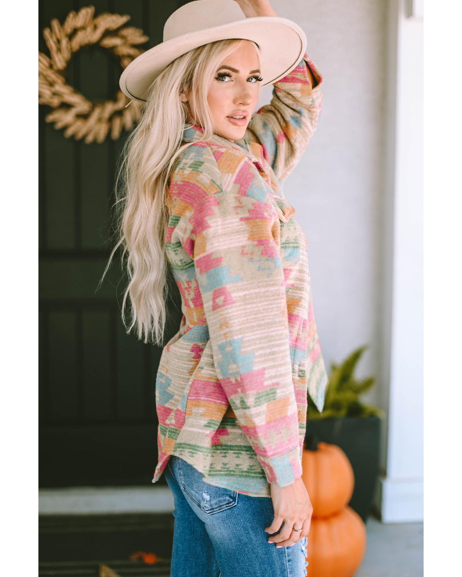 Azura Exchange Multicolor Western Aztec Print Button Flap Pocket Shacket - L