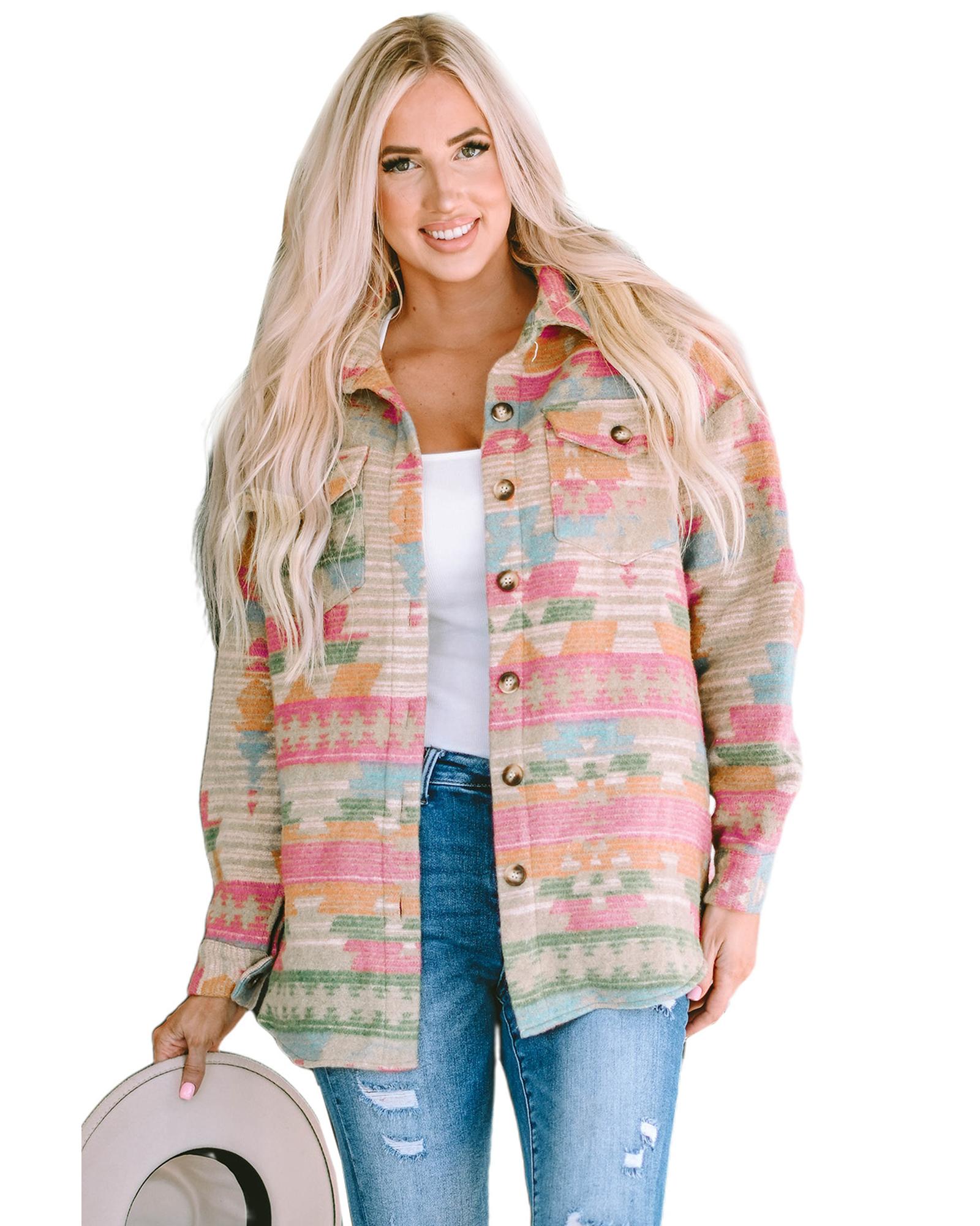 Azura Exchange Multicolor Western Aztec Print Button Flap Pocket Shacket - L